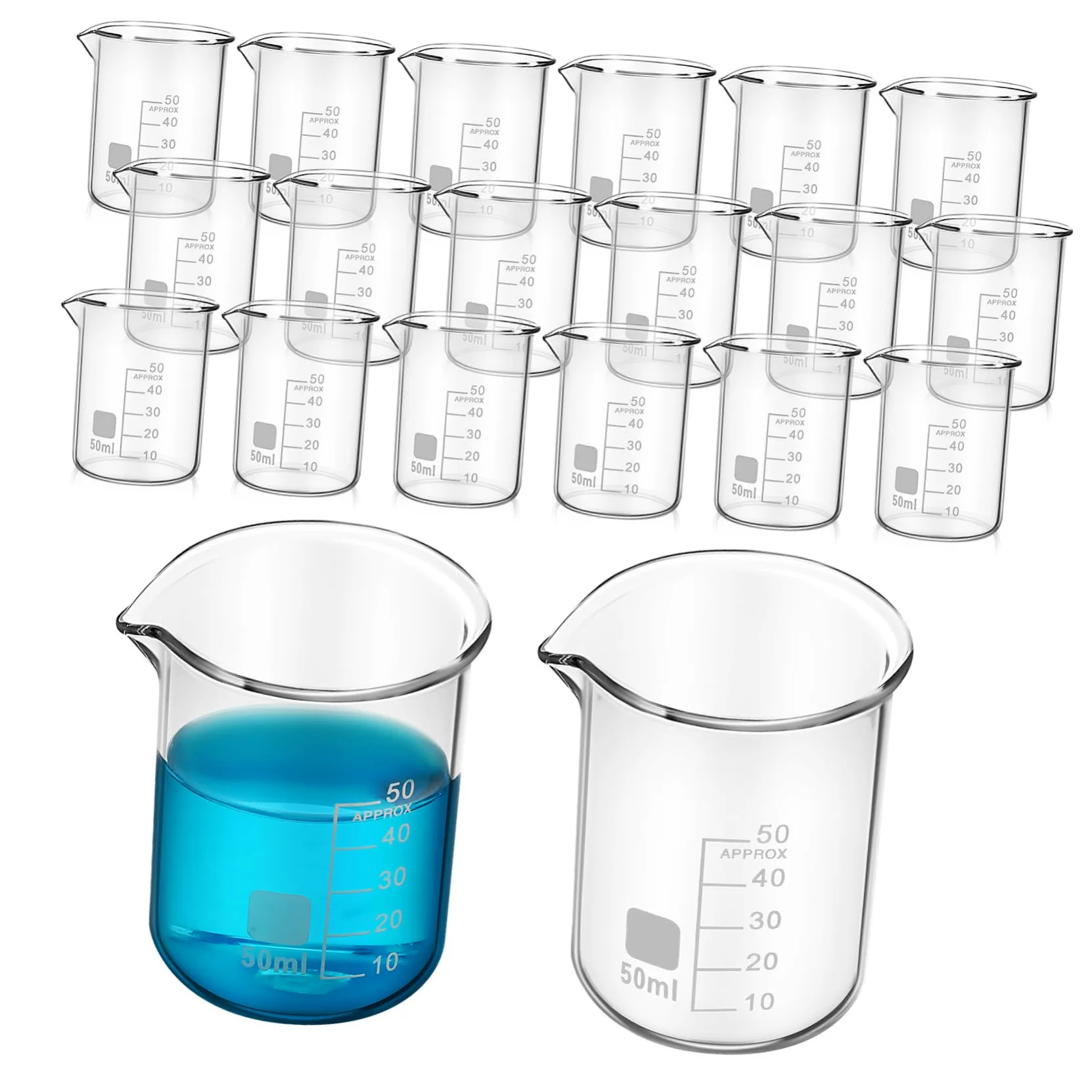 Vasos Medidores de Vidrio de 50ml Graduación y Uso Versátil Fáciles de Limpiar Set de 20 para Laboratorio y Experimentos Científicos