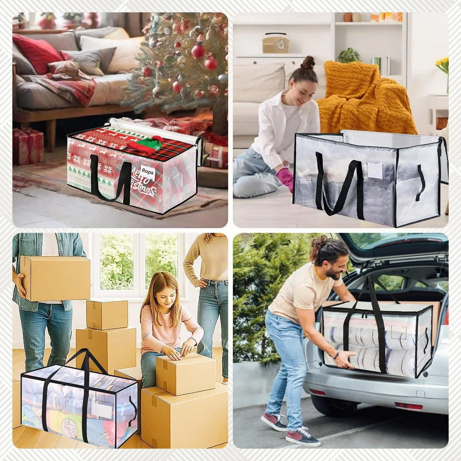 4 Piezas 90L Grande Bolsas Mudanza, Resistentes Bolsas Almacenaje Ropa con Correas Cremalleras y Asas, Alternativa a las Cajas de Mudanza, Impermeable Storage Bags para Guardar Ropa y Embalar