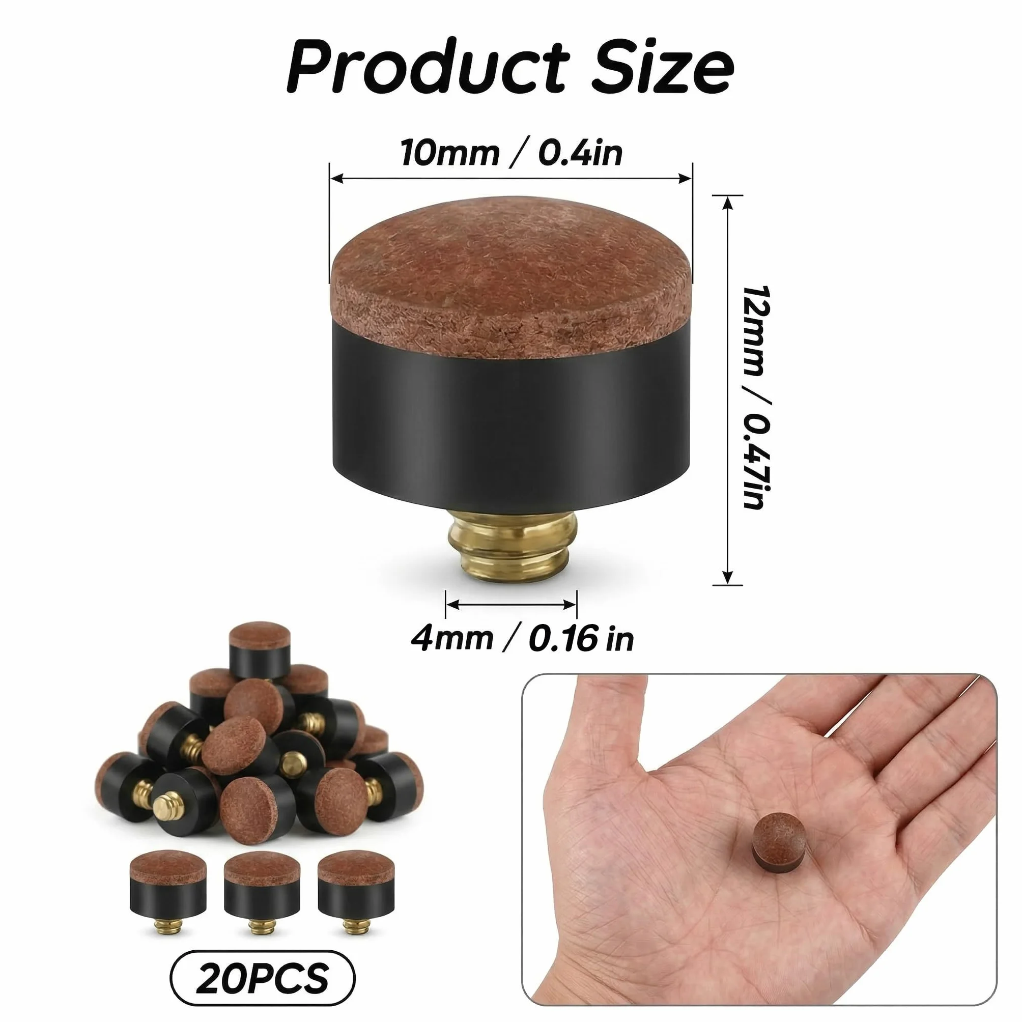 20 puntas de billar para taco de billar de 10 mm con tornillo de latón macizo, manguito de rosca de piel, resistente a la rotura para billar y snooker, reparación inmediata sin pegar