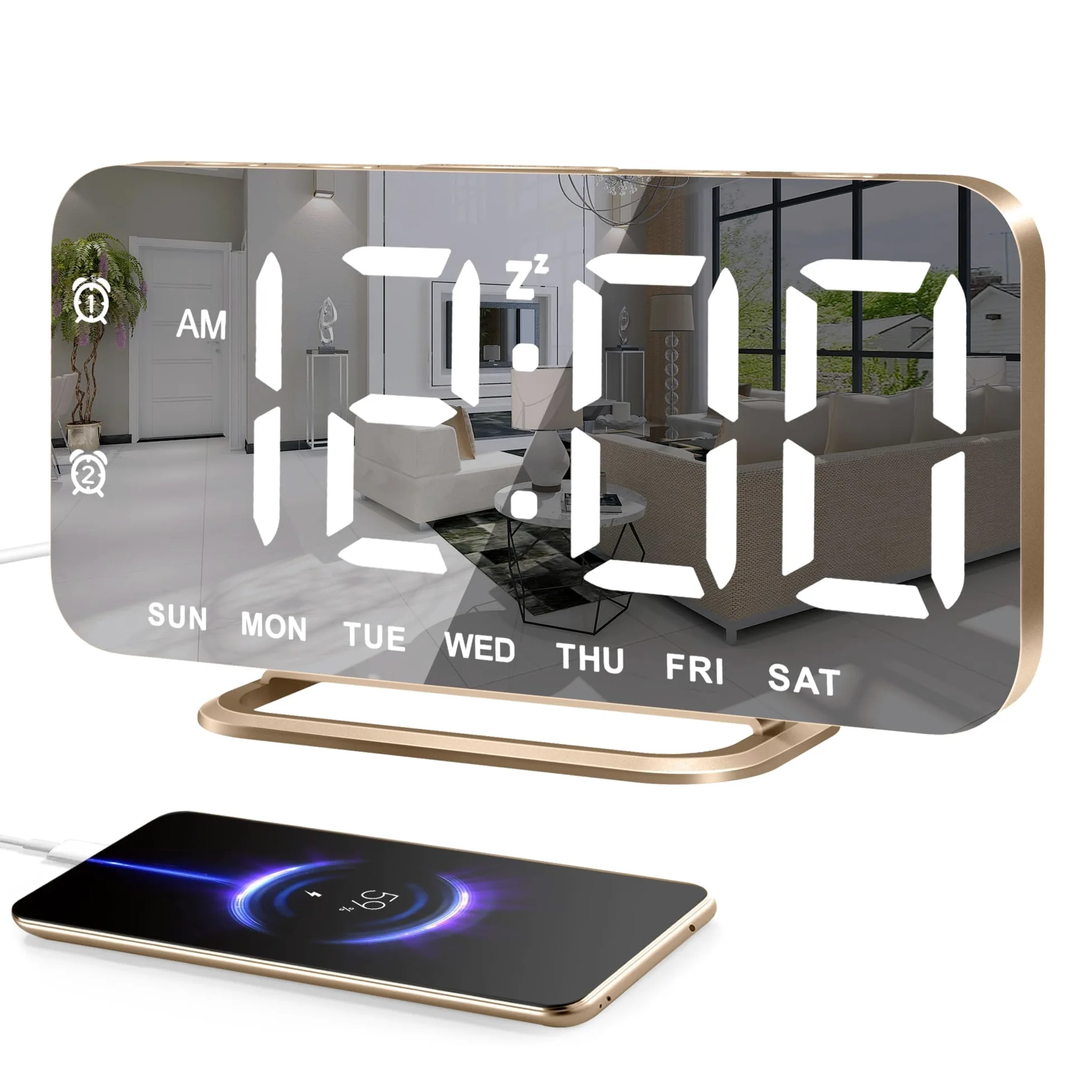 JALL Despertador digital LED delgado con superficie de espejo con función de atenuación, pantalla grande, fácil ajuste y puertos de carga USB
