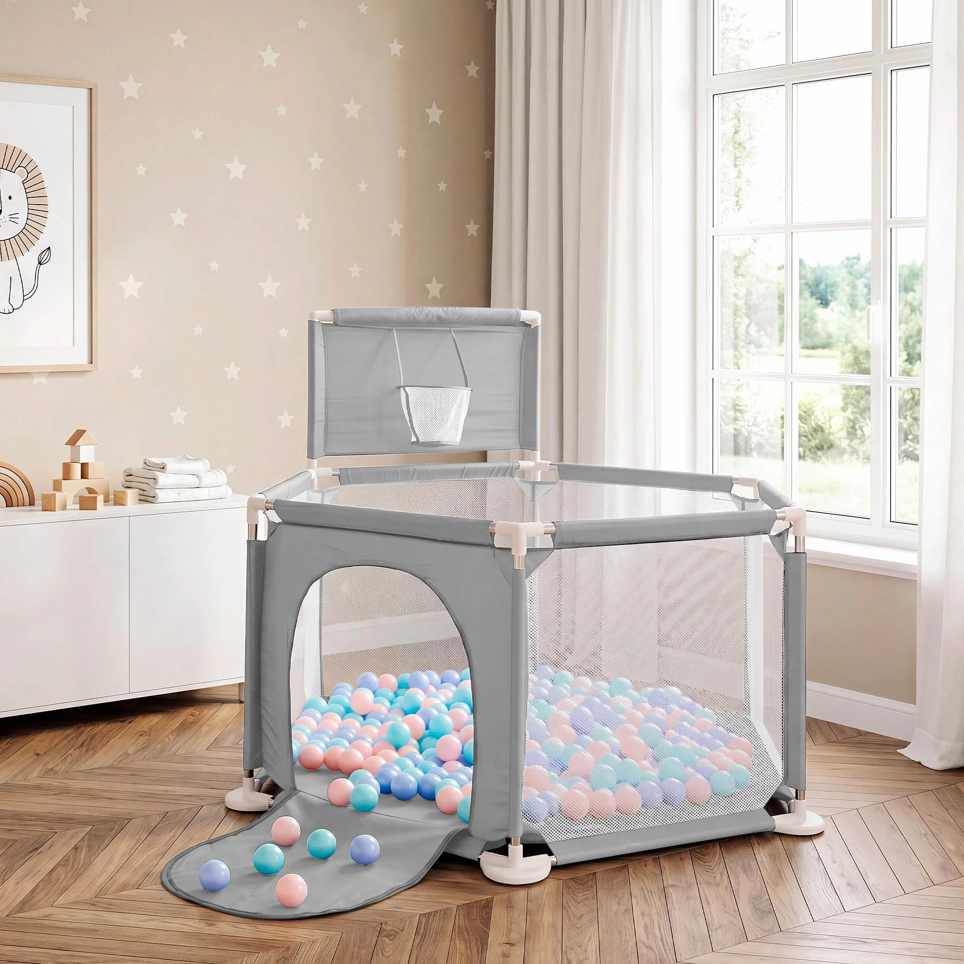 JUPPLIES Parque Infantil Bebe 127x127cm Hexagonal – Corralito Bebe con Malla Transpirable – Parque de Juegos Bebe con Puerta Lateral – Playpen Bebe - Parque con Canasta y Pelotas