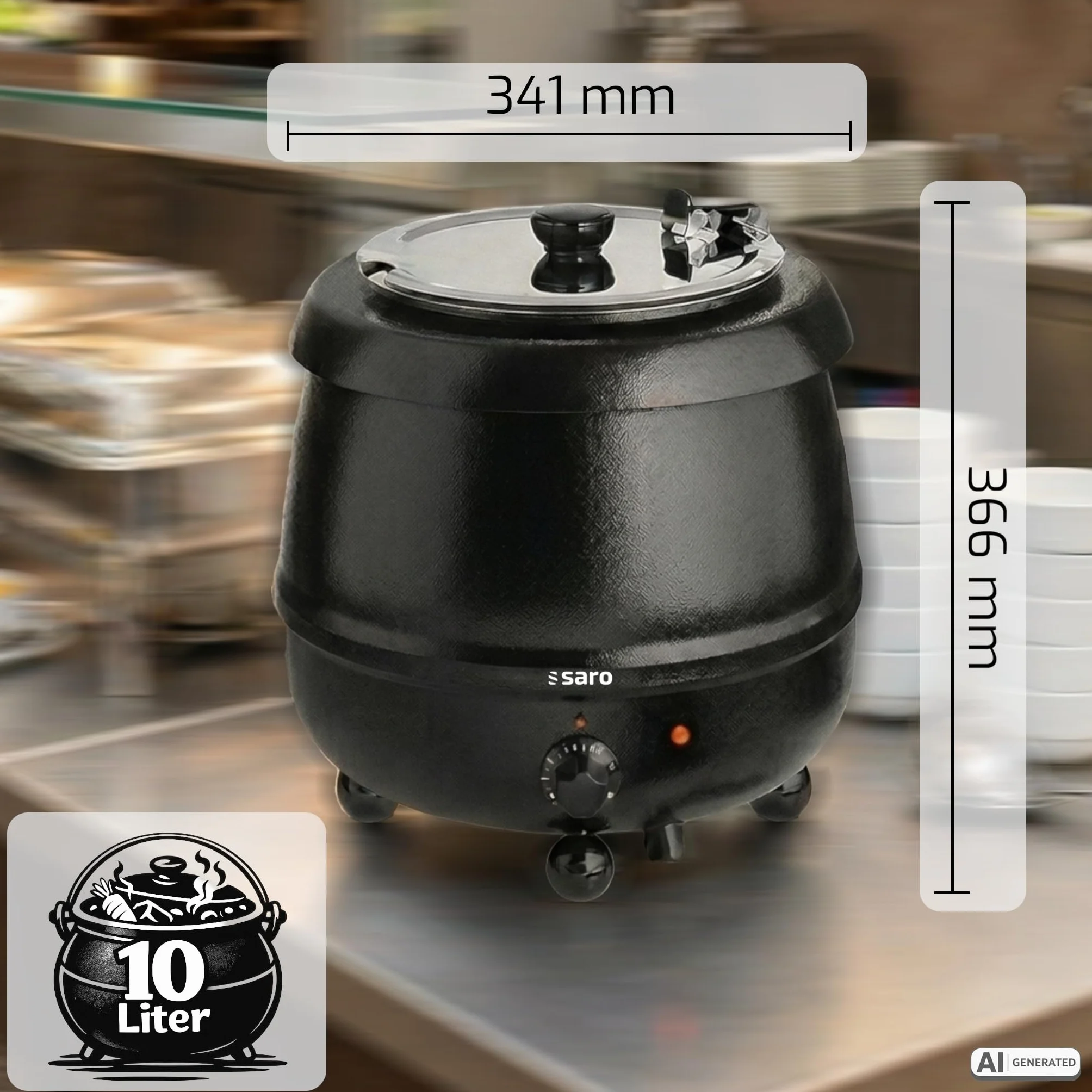 SARO SKZ-12 Caldero para sopa, 10 l, acero inoxidable, 330 x 360 mm (Ø x L), depósito de agua extraíble, tapa plegable, regulador de energía y luz indicadora