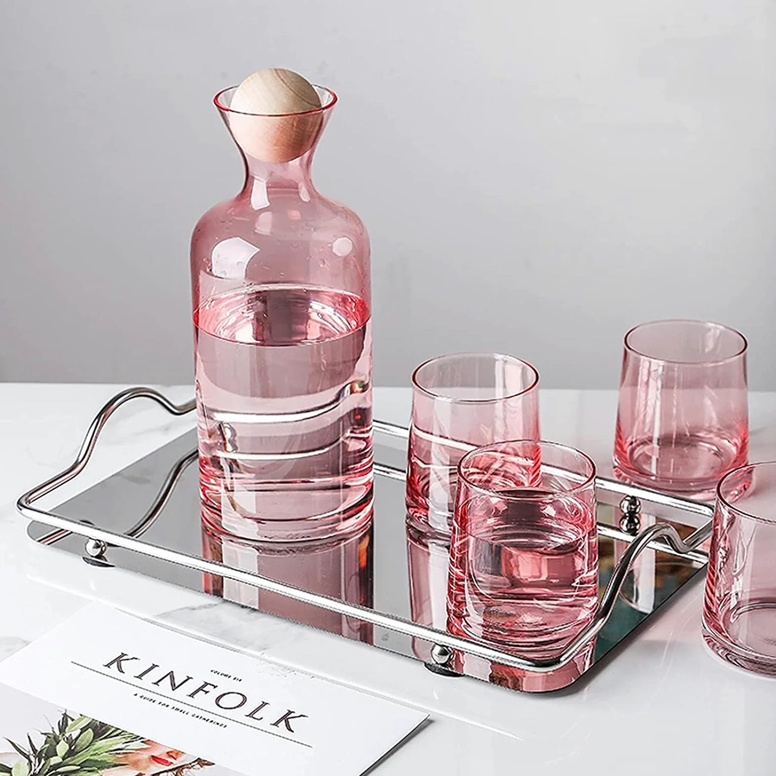 Jarra de Agua Simple Botella de Agua fría Rosa con Cubierta de Bola de Madera Jarra de Vidrio de Alta Temperatura para el hogar, la Oficina, el Restaurante y la cafetería