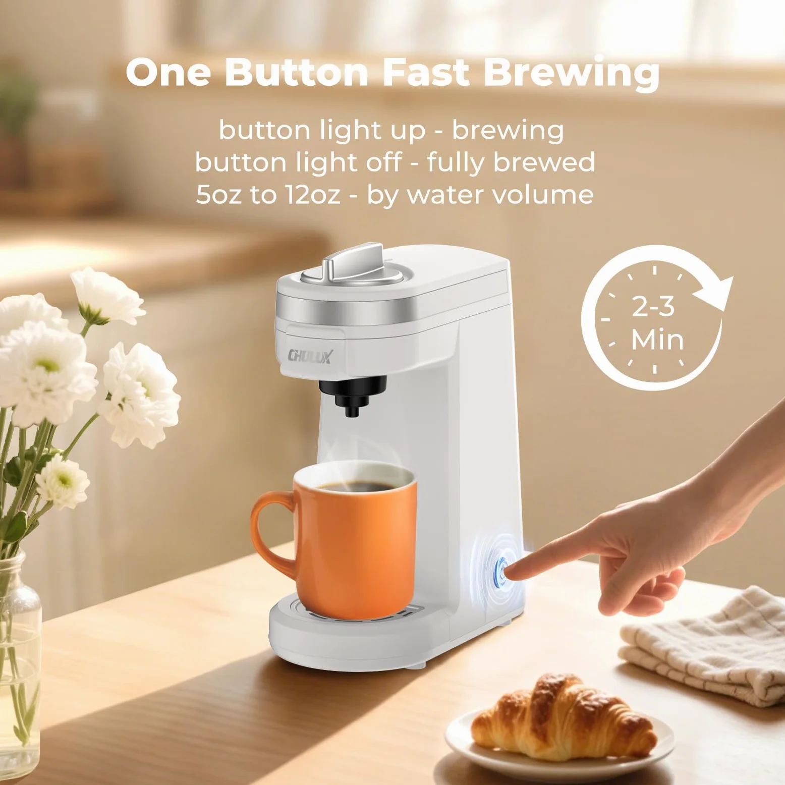 CHULUX Mini cafetera de viaje 2 en 1 para cápsulas K y café molido, cafetera de una sola porción para taza americana, cafetera de cápsulas ligeras, blanco perla