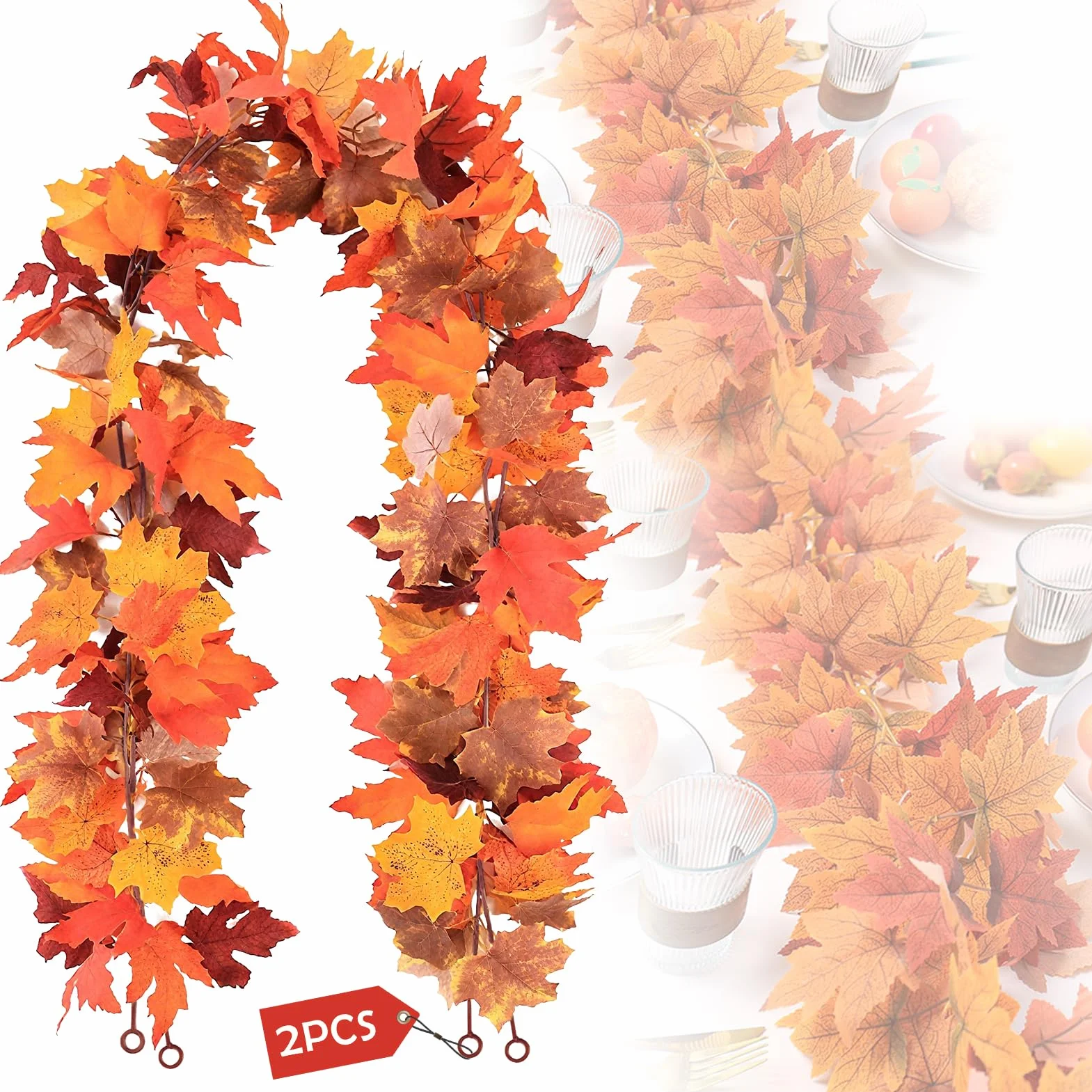 2 Pack Guirnalda de Hojas de Arce Artificial - Total 3,6 m Decoración de Otoño para Thanksgiving, Halloween, Navidad - Decoración de Chimenea, Bodas, Fiestas (Burdeos, Oro, Naranja)