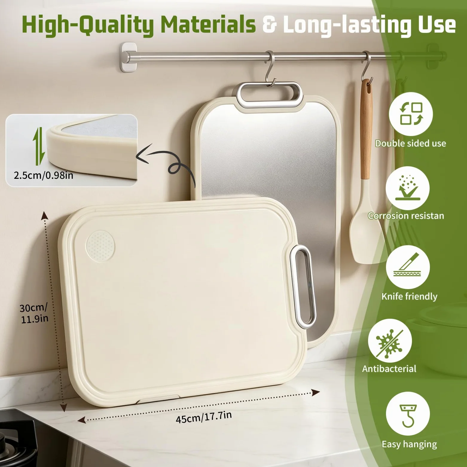2 en 1 Tabla de Cortar de Titanio + Madera,Tabla de Cortar Antibacteriana y Resistente,Tablero de Corte con Ranura para Jugos y Borde,Ideal para Carne,Frutas,Verduras o Amasar (Titanio + PP)