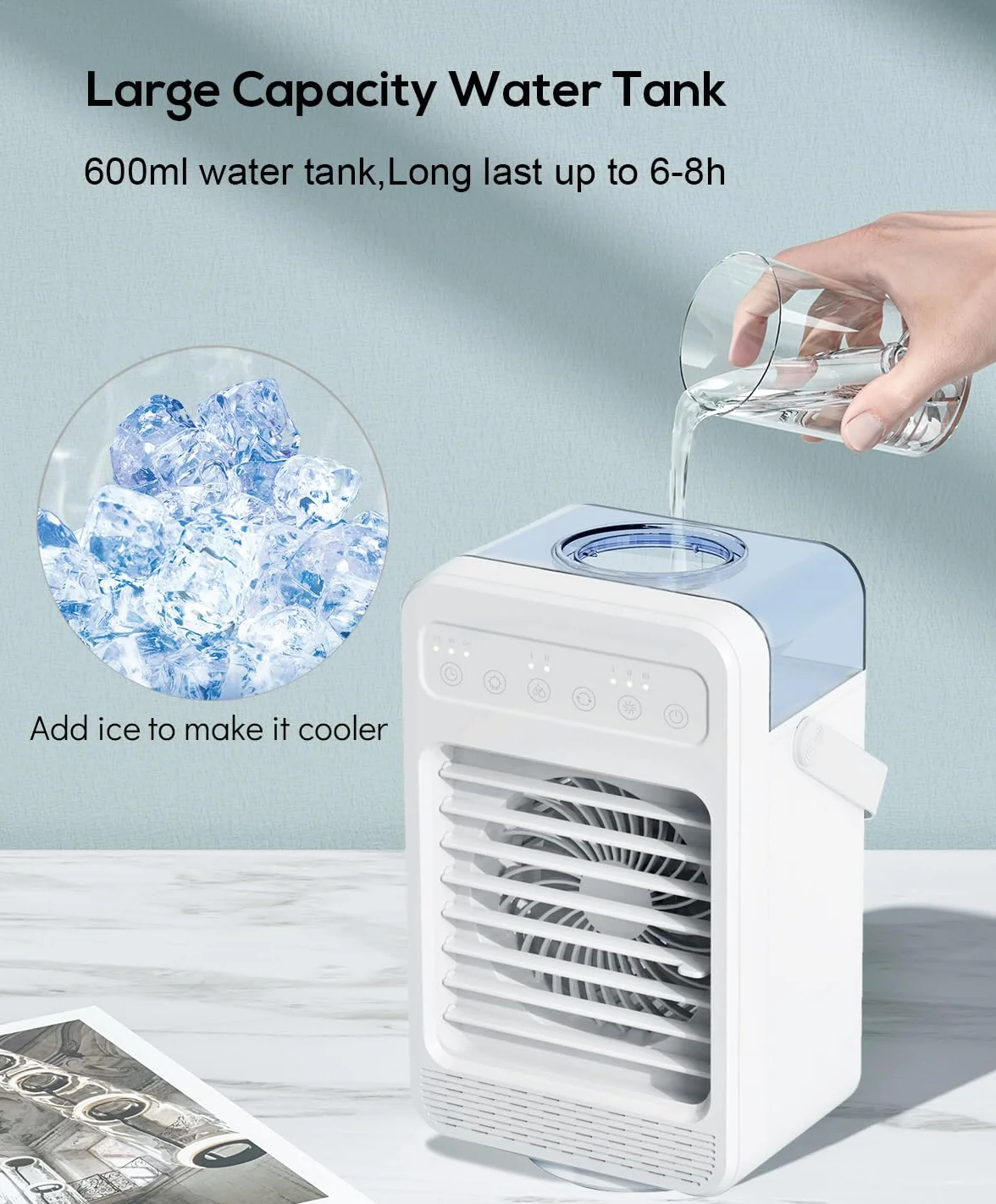 Mini aire acondicionado portatil, Enfriador De Aire Portátil, Ventilador hielo 4 en 1, ventilador nebulizador 4 velocidad del viento, humidificador de 2 niveles para habitación y oficina