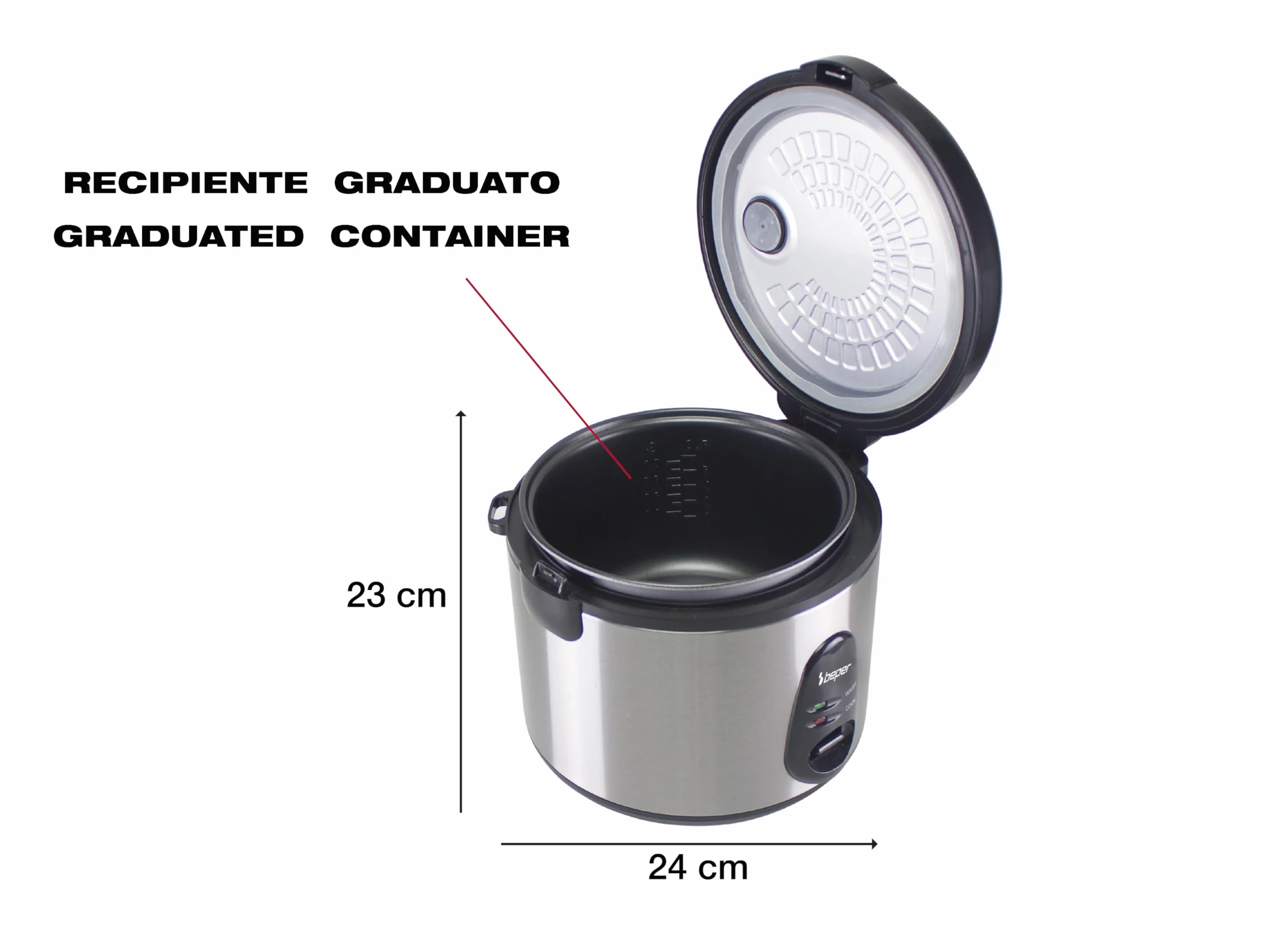 BEPER P101VAP002 Olla arrocera eléctrica con función de conservación del calor, capacidad de 625 g, revestimiento antiadherente, tapa con junta de silicona y bandeja para cocinar al vapor.