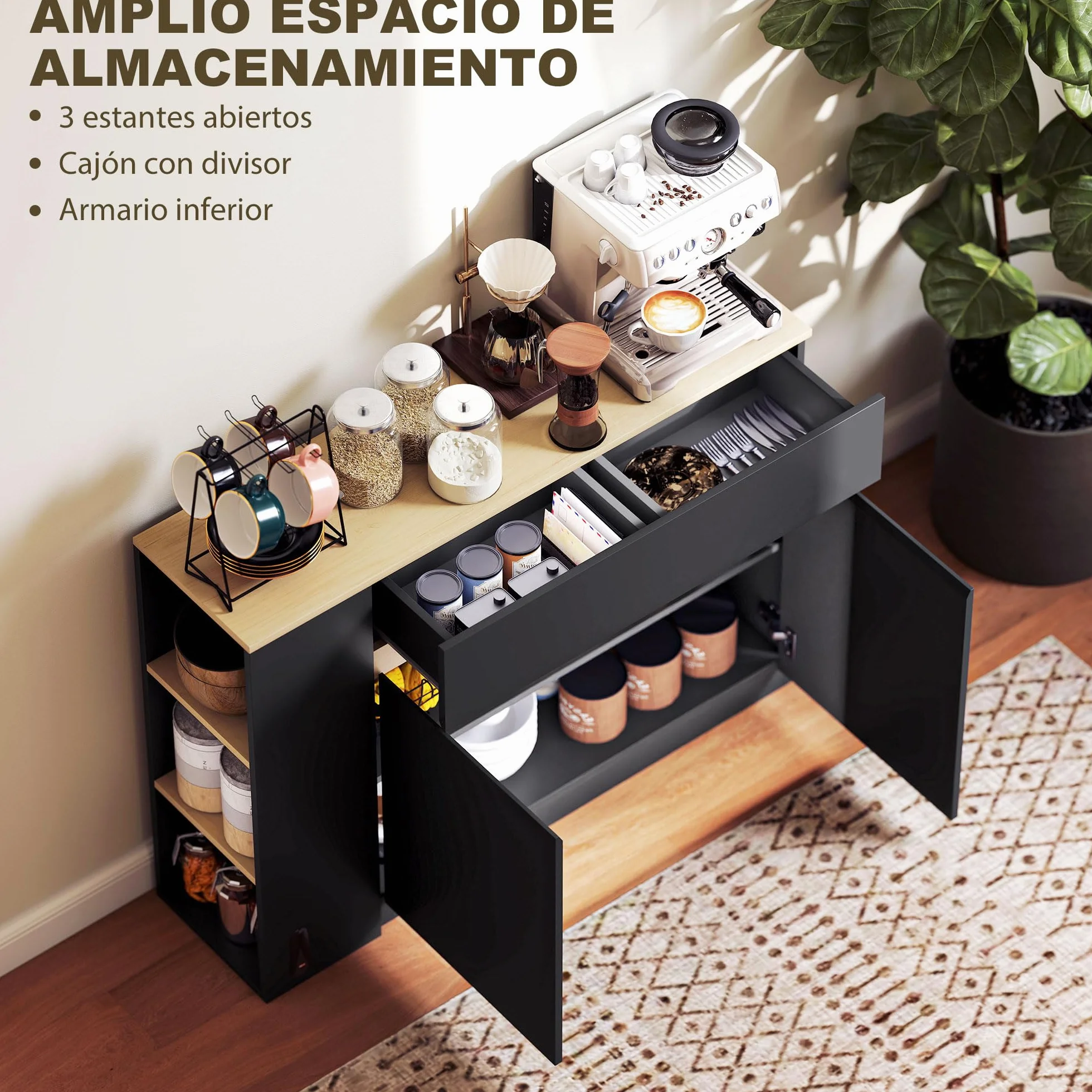 HOMCOM Aparador de Cocina, Armario de Cocina Estrech con 2 Cajones, 3 Estantes Abiertos, 2 Puertas, Estante Ajustable, Aparador Nórdico para Comedor, 110x29,5x82 cm, Negro