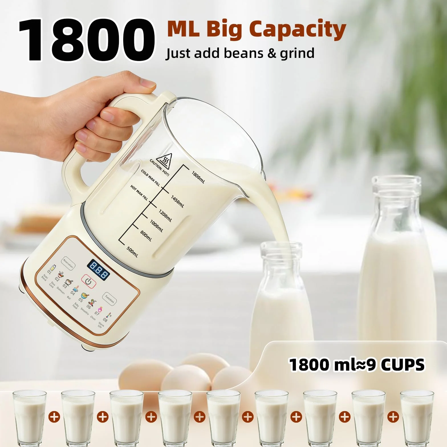 Máquina de Leche Vegetal 1500ml Máquina Multifunción para Leches Vegetales, 8 Programas Automática para Leche de Soja, Avena, Almendras, 800 W, Libre de BPA