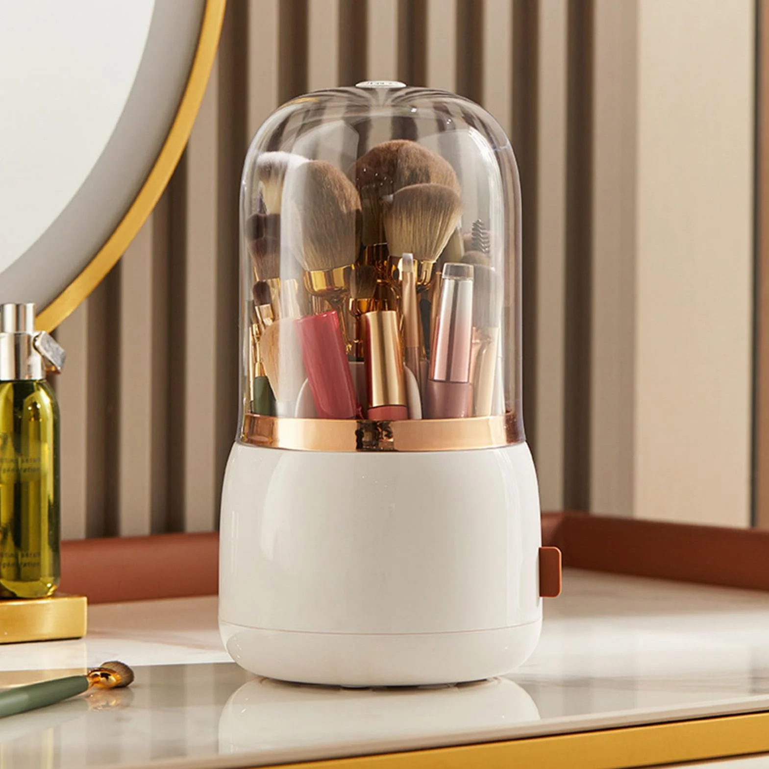 Soporte para brochas de maquillaje, organizador de herramientas cosméticas con tapa, organizador de brochas de maquillaje giratorio 360 para encimera de baño y tocador (Blanca)