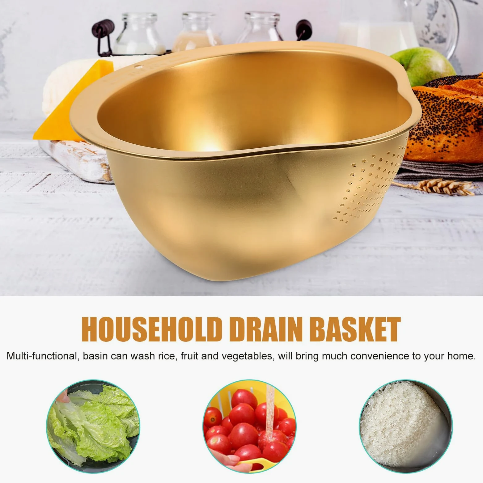 Cesta de Lavado de Acero Inoxidable Dorado para Cocina, Multiusos | Malla Fina, Enjuague de Arroz y Verduras, Superficie Lisa, Elimina Impurezas y Sedimentos, Uso Diario