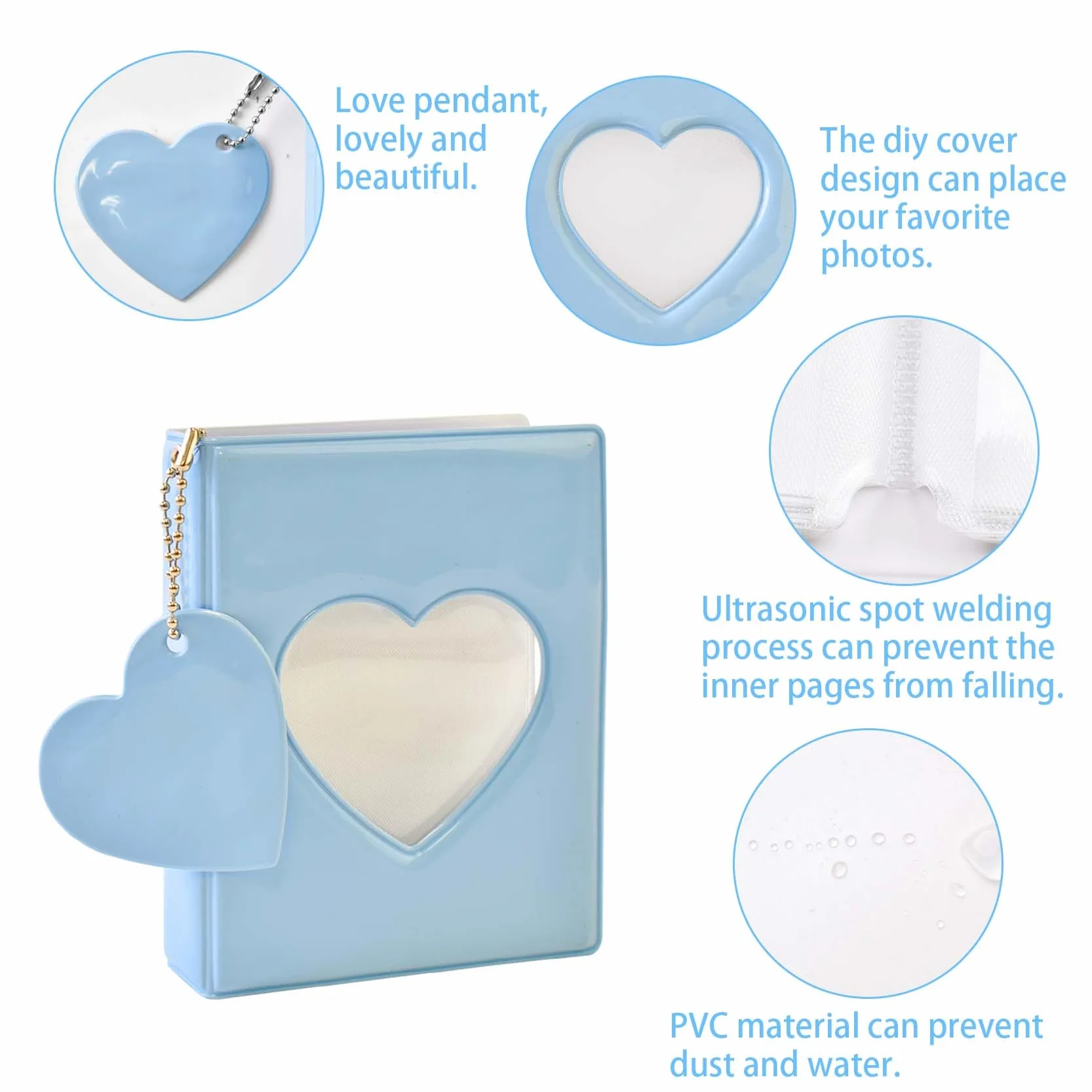 Kpop Album Fotos Puede Almacenar 32 Hojas, Corazón Azul Libro de Fotos con Colgante de Corazón Azul, Mini Moda álbum de Fotos Adecuado para Almacenar Fotos de ídolos, Tarjetas, Pegatinas