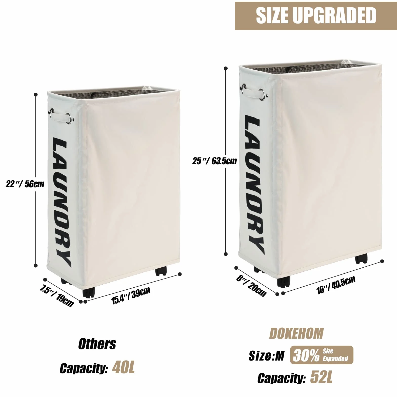 DOKEHOM 25-Inch Slim Cesta de Lavandería con Ruedas, Cesto Colapsable, Almacenamiento Esquina Beige