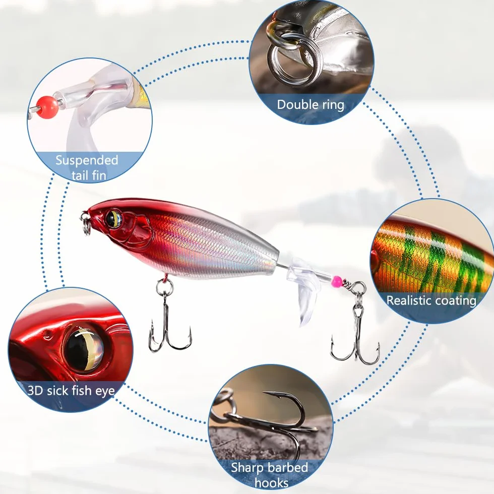 5 Piezas Señuelo Pesca para la Trucha Flotante Cola Giratoria Topwater Swimbaits Bass Swimbait Señuelos de Pesca Agua Salada Dulce con 2 Triángulo Gancho para Agua Dulce