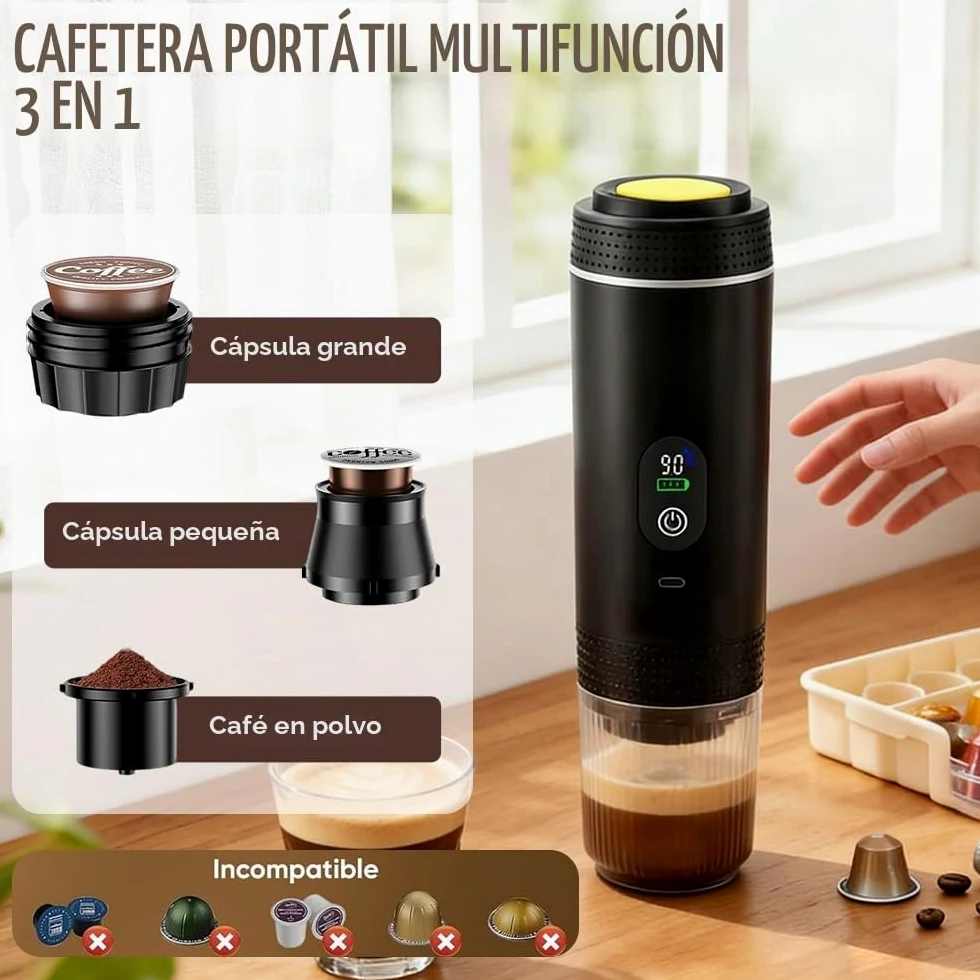 Cafetera Portátil 3 en 1, Mini Cafetera Portátil de Espresso y Capsulas, Autocalentamiento de 5 Minutos, Compatible con Cápsulas y Café Molido, Carga Rápida USB-C, para Acampadas, Senderismo