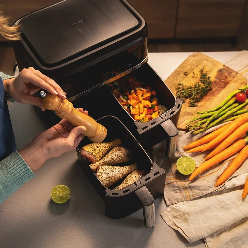 Cecotec Freidora sin Aceite 9 L de Aire Caliente Cecofry Advance Double. 2850 W, Dietética, Compacta y Digital, 2 Cestillos con Temperatura dual y Tecnología PerfectCook, Temporizador