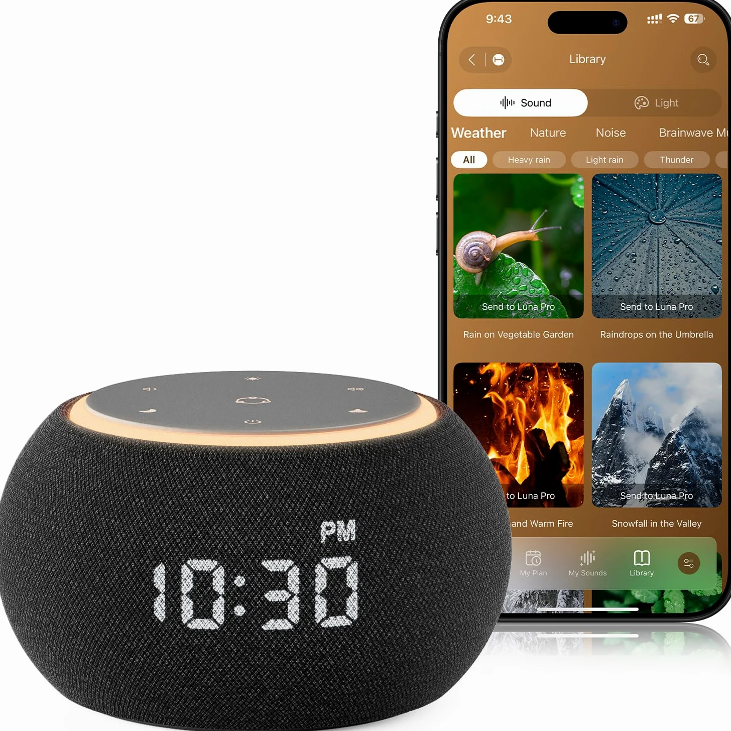 Hotmoon Luna Pro - Reloj despertador con máquina de sonido, alarma de doble etapa, 507 sonidos para dormir, luz inteligente y temporizador, máquina de ruido rosa, verde, marrón, blanco, para dormir