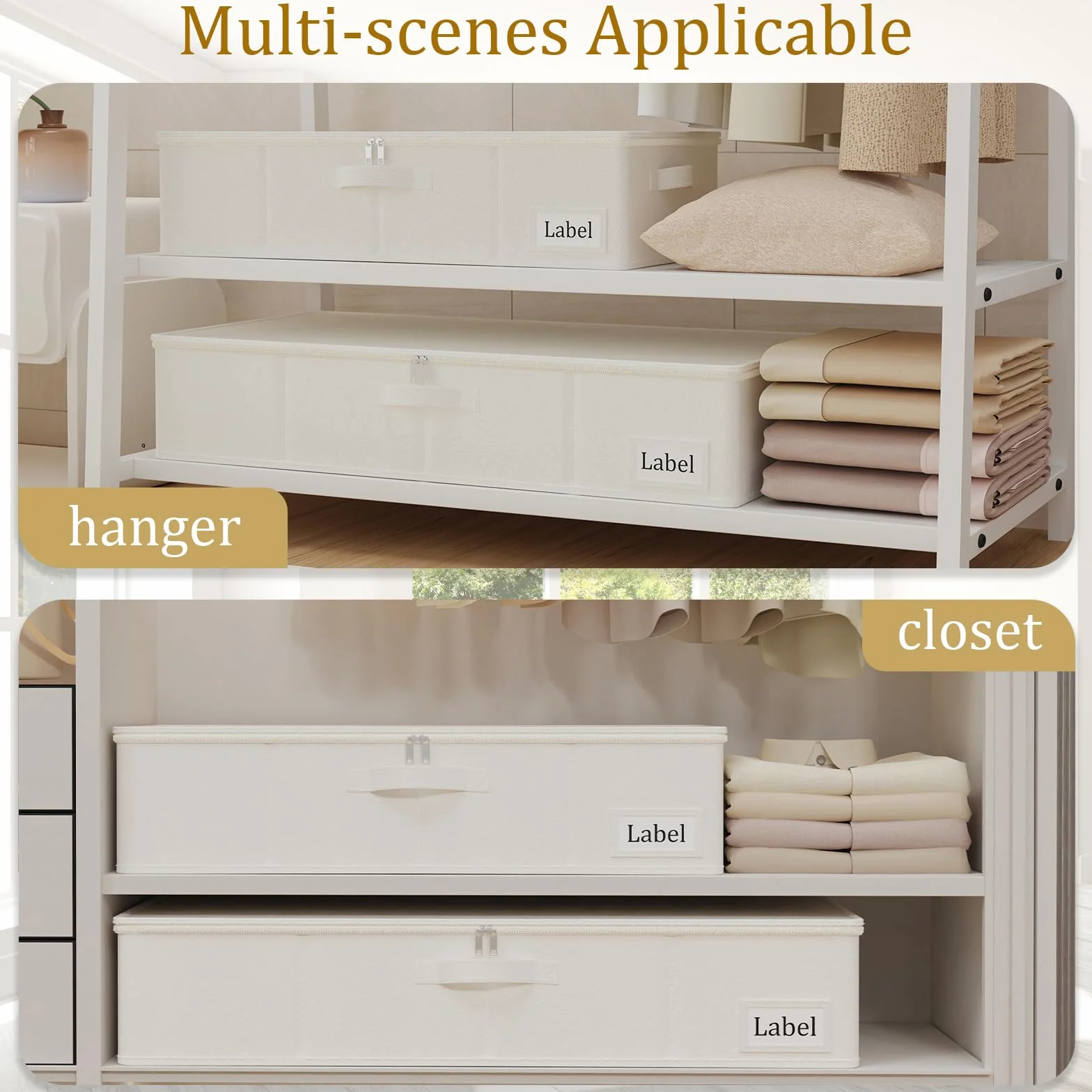 Yawinhe 2 piezas Bolsa de Almacenamiento Debajo de la Cama, Caja de Almacenaje Plegable Con Tapa con Cremallera y Manija, para Almacenar Ropa, Mantas, Almohadas, 60x30x15cm, Beige