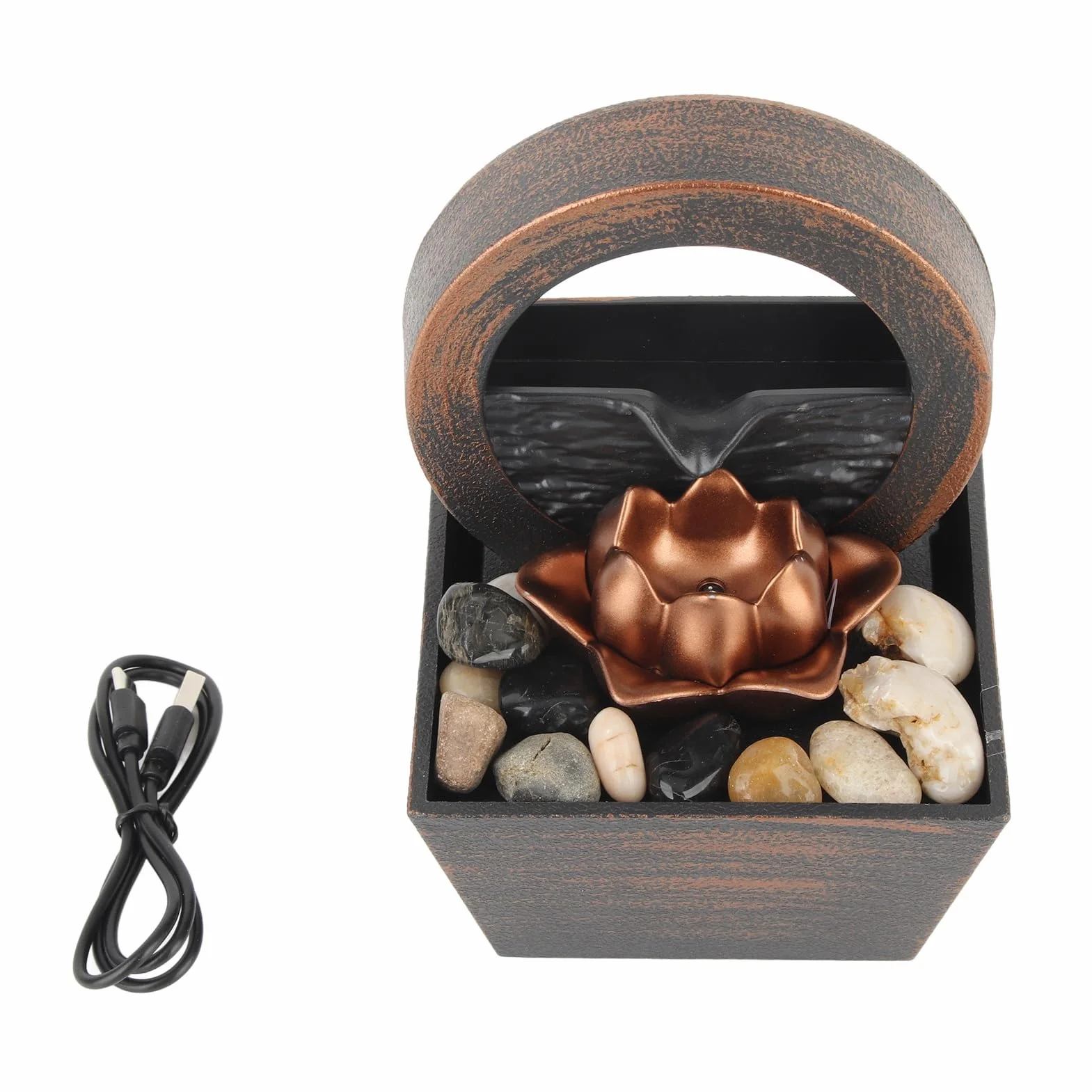 Fuente de escritorio Fuente de escritorio Fuente de cascada interior Cascada Decoración con flores de loto para la decoración del hogar con luz LED y cable USB