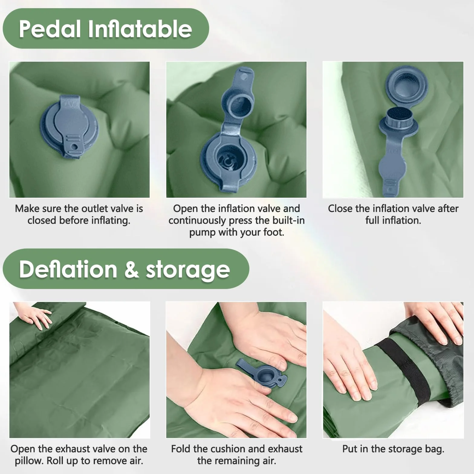Colchón de Aire Autoinflable con Almohada, Esterilla Camping Portátil Verde, Bomba de Pie Incluida