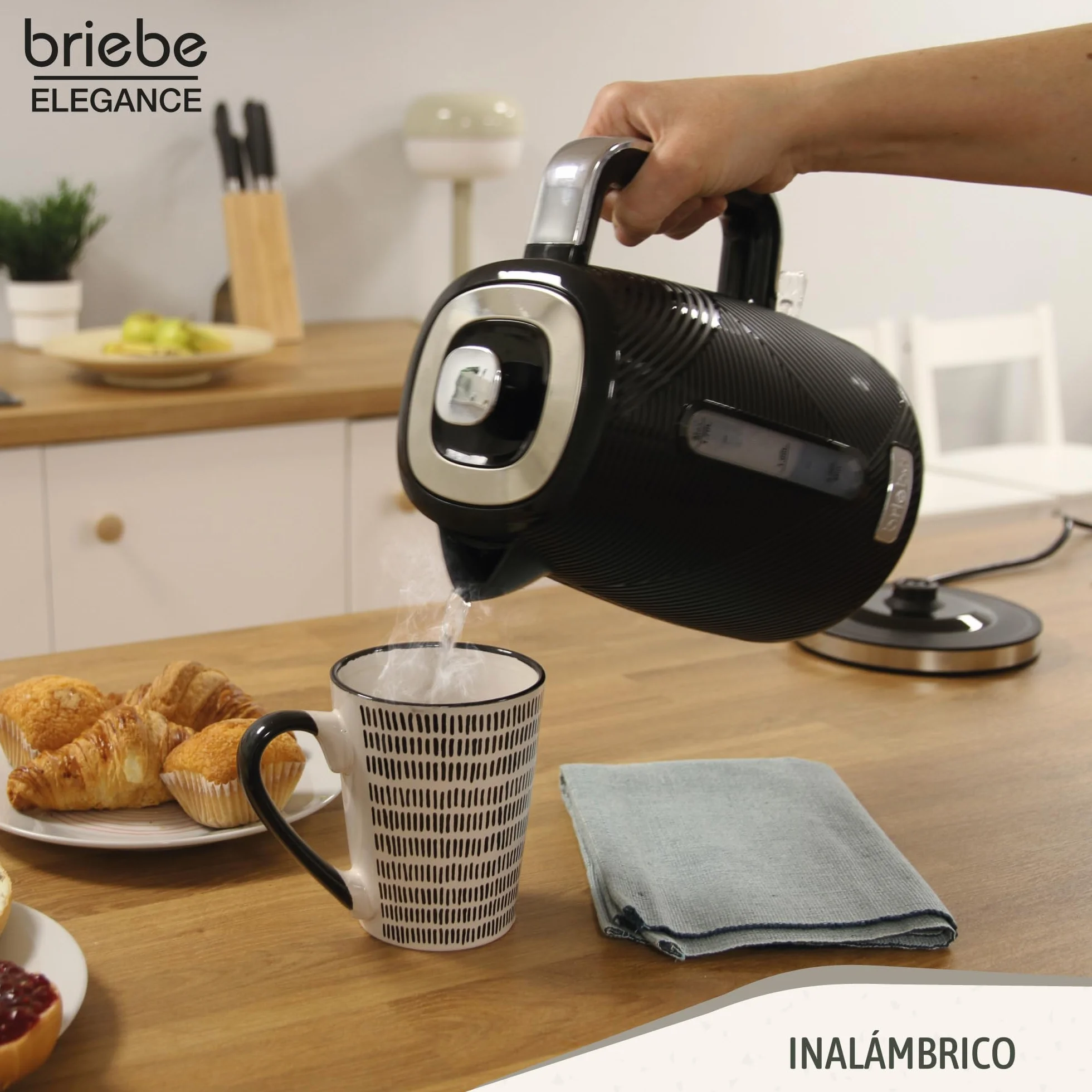 briebe Elegance Set Tostadora Pan 2 Rebanadas, 7 Niveles Tostado + Hervidor Agua Eléctrico 1,7L Inalámbrico, 2200W Libre BPA + Batidora de Mano 600W, 2 Velocidades, Acero Inoxidable, Negro