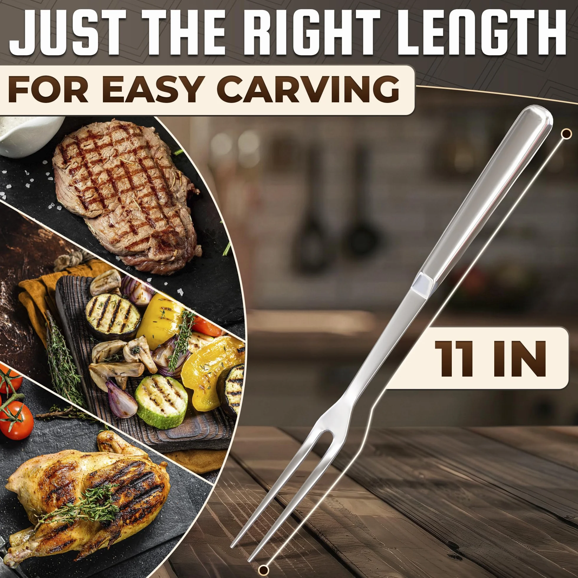 Tenedor de dos puntas Elite - Tenedores de cocina de 11 pulgadas, tenedor de trinchado, tenedor de parrilla resistente, utensilios de cocina de acero inoxidable, tenedor de carne, juego de tenedores