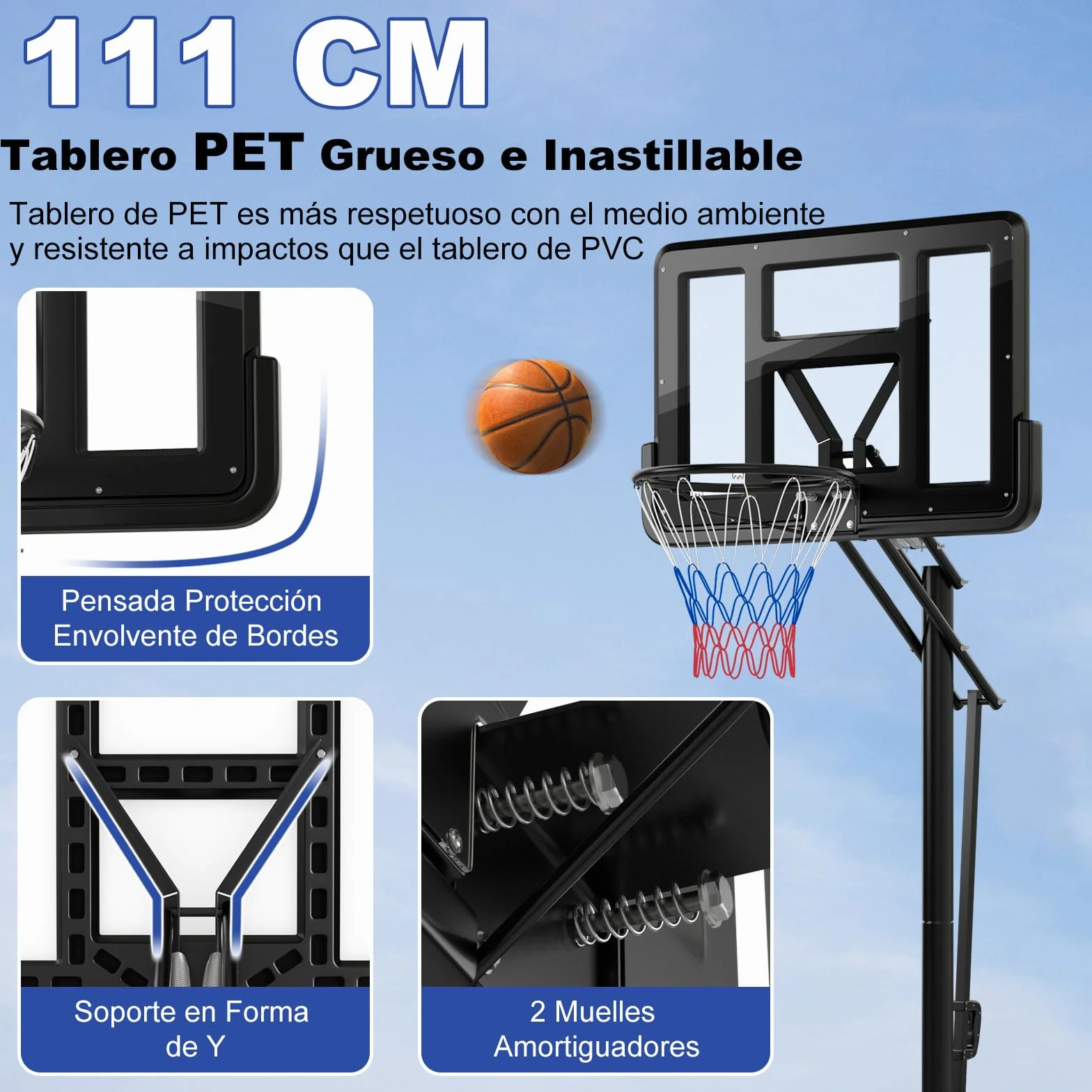 COSTWAY Canasta Baloncesto Altura Ajustable 10 Niveles 143cm-305cm Portátil con Ruedas Base Rellenable