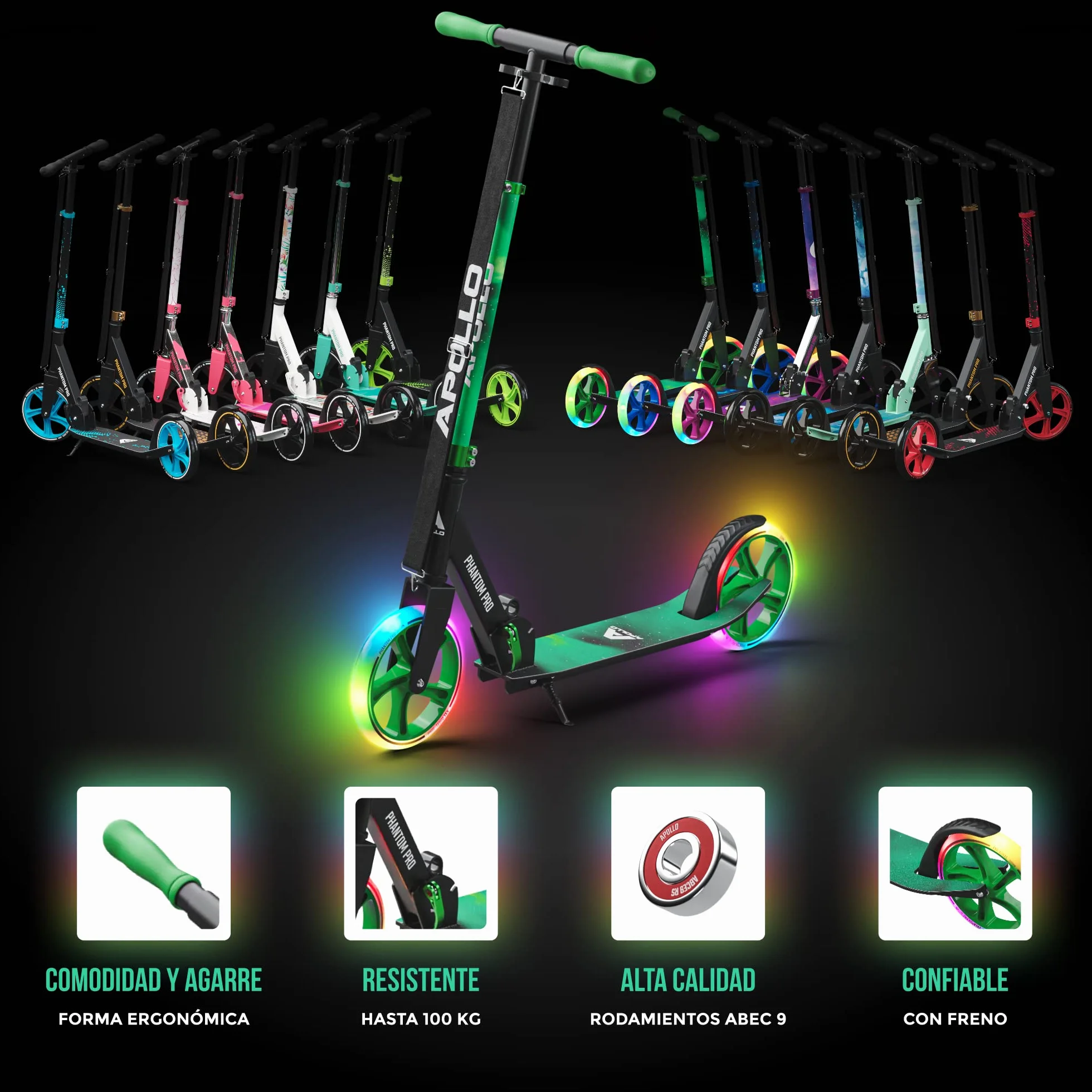 Apollo Phantom Pro Patinete Urbano Plegable 200 mm Ruedas XXL para Niños y Adultos hasta 100 kg