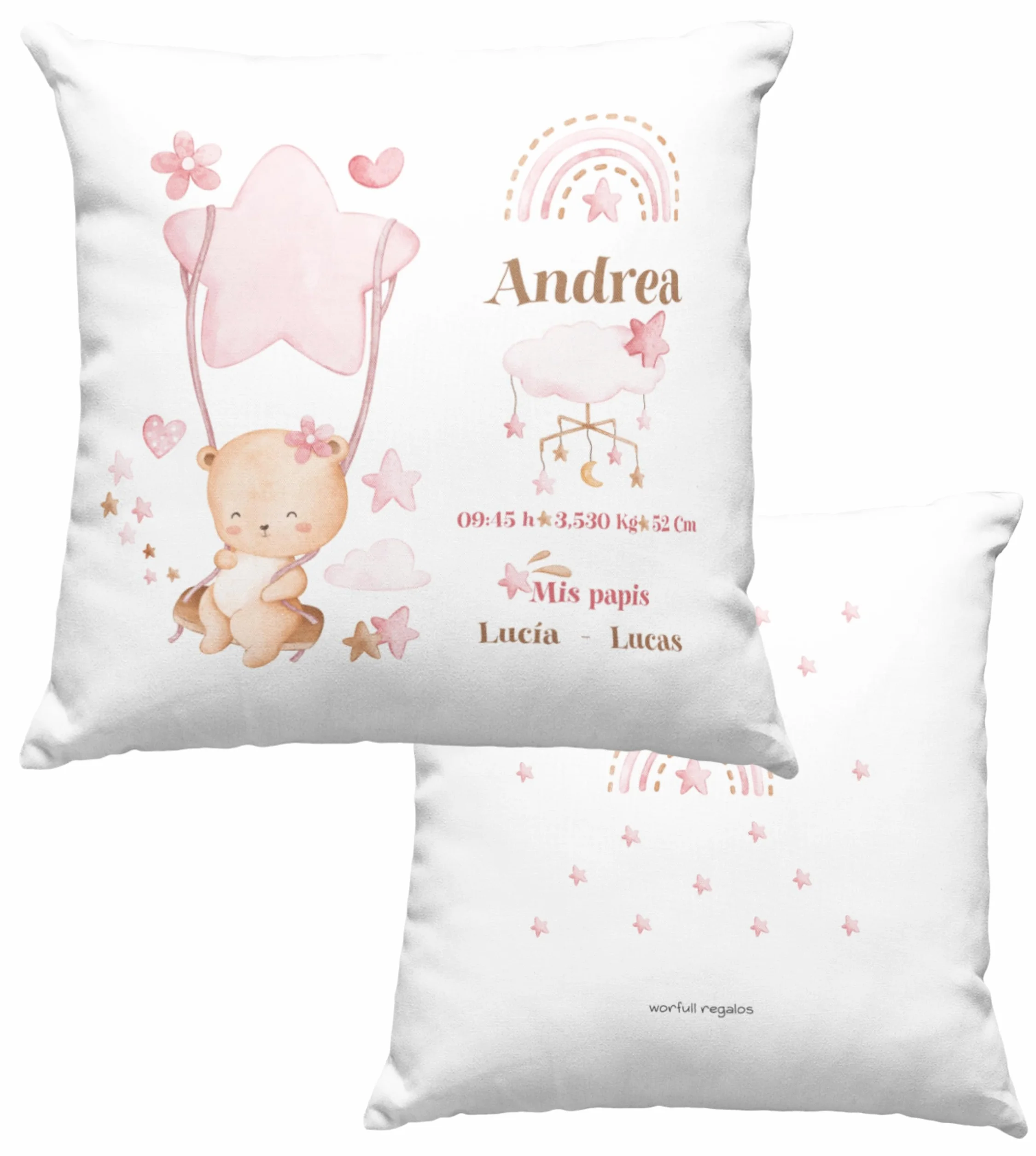 Cojín Personalizado para Recién Nacido, 40x40cm - Cojín Natalicio con Datos del Bebé - Regalo Personalizado (Rosa Pastel)