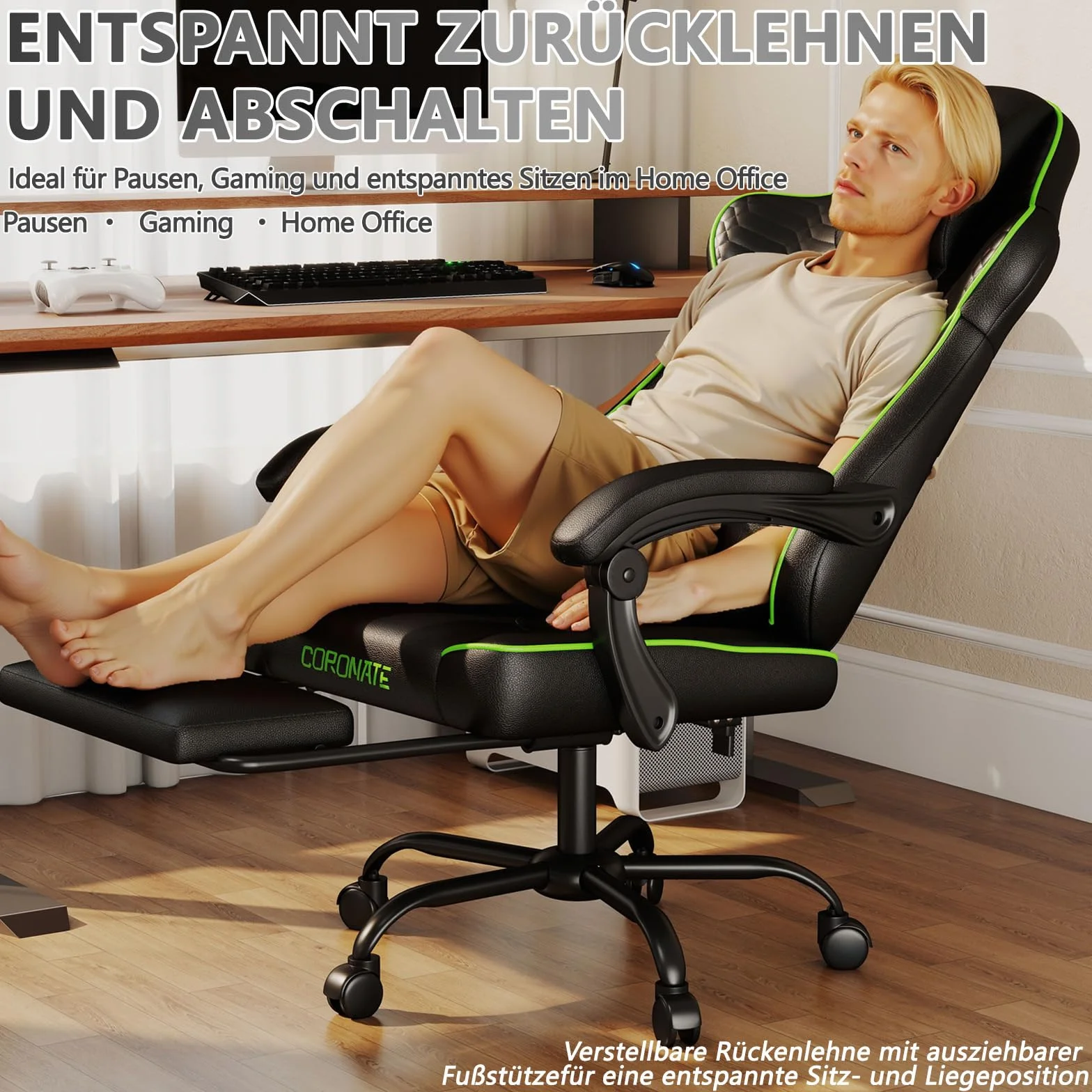 Silla Gaming Ergonómica con Respaldo Ajustable y Giro de 360° – Silla de Oficina para Adultos/Adolescentes 150KG, Silla de PC de Tela Verde para Oficina en Casa/Juegos