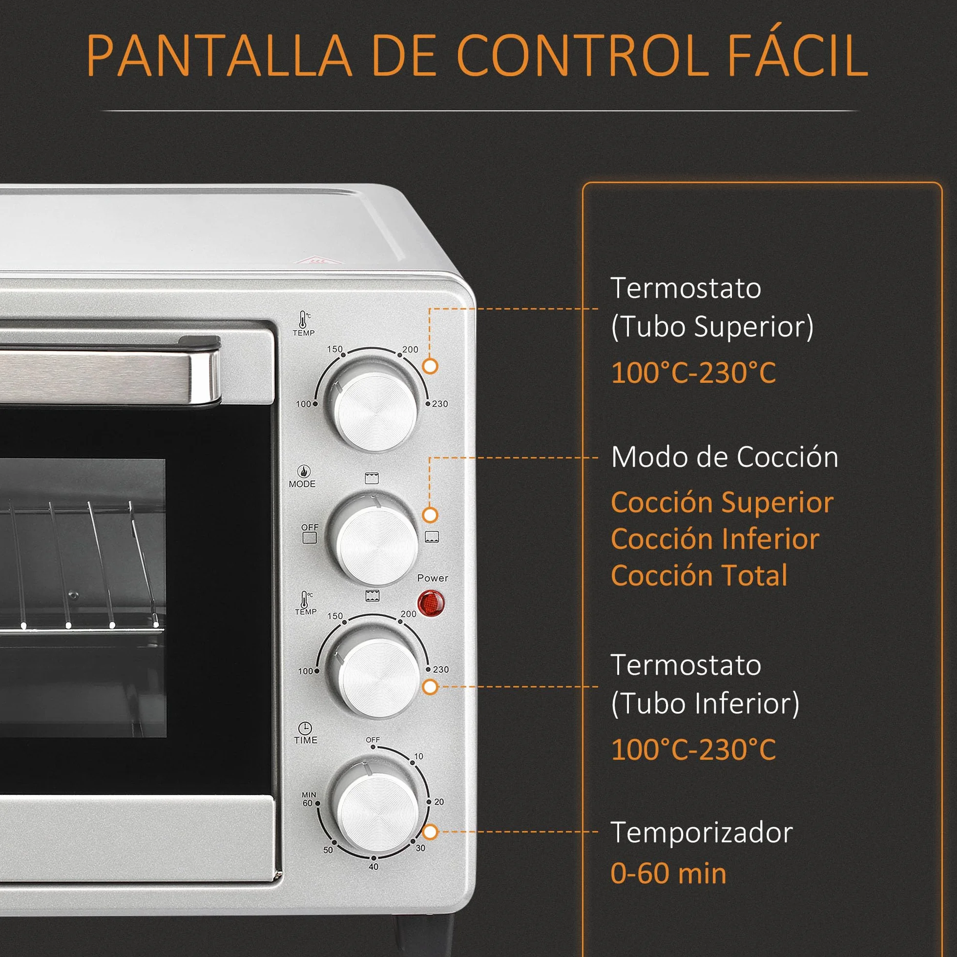 HOMCOM Horno Eléctrico de Sobremesa Mini Horno Tostador de 32L 1600W con 3 Modos de Calor Temporizador 60 Min y Temperatura Regulable hasta 230℃ Plata