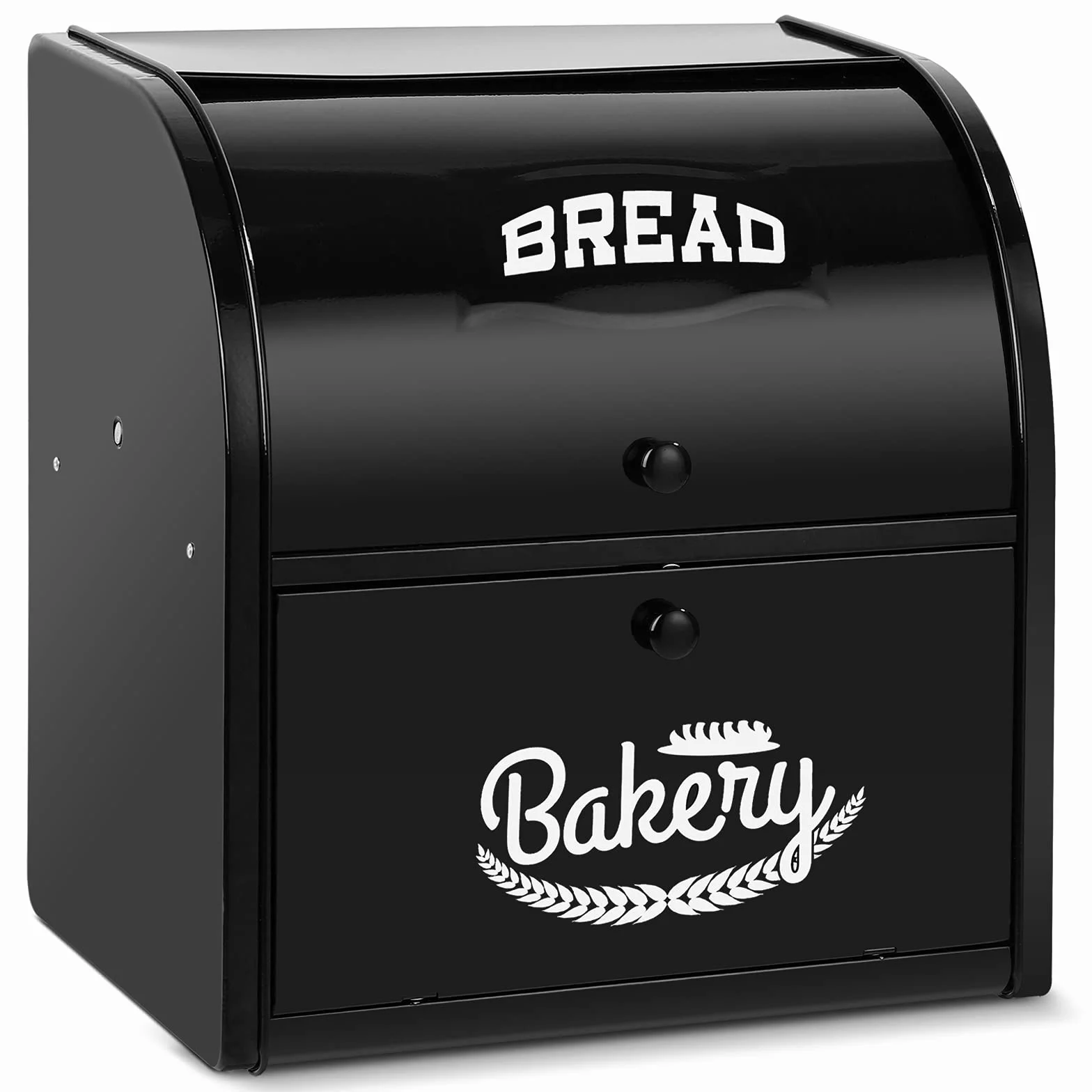 Hossejoy Panera de doble capa, caja de pan negra de gran capacidad, contenedor de almacenamiento de pan de cocina con tapa enrollable, caja de pan de doble capa para tu encimera de cocina