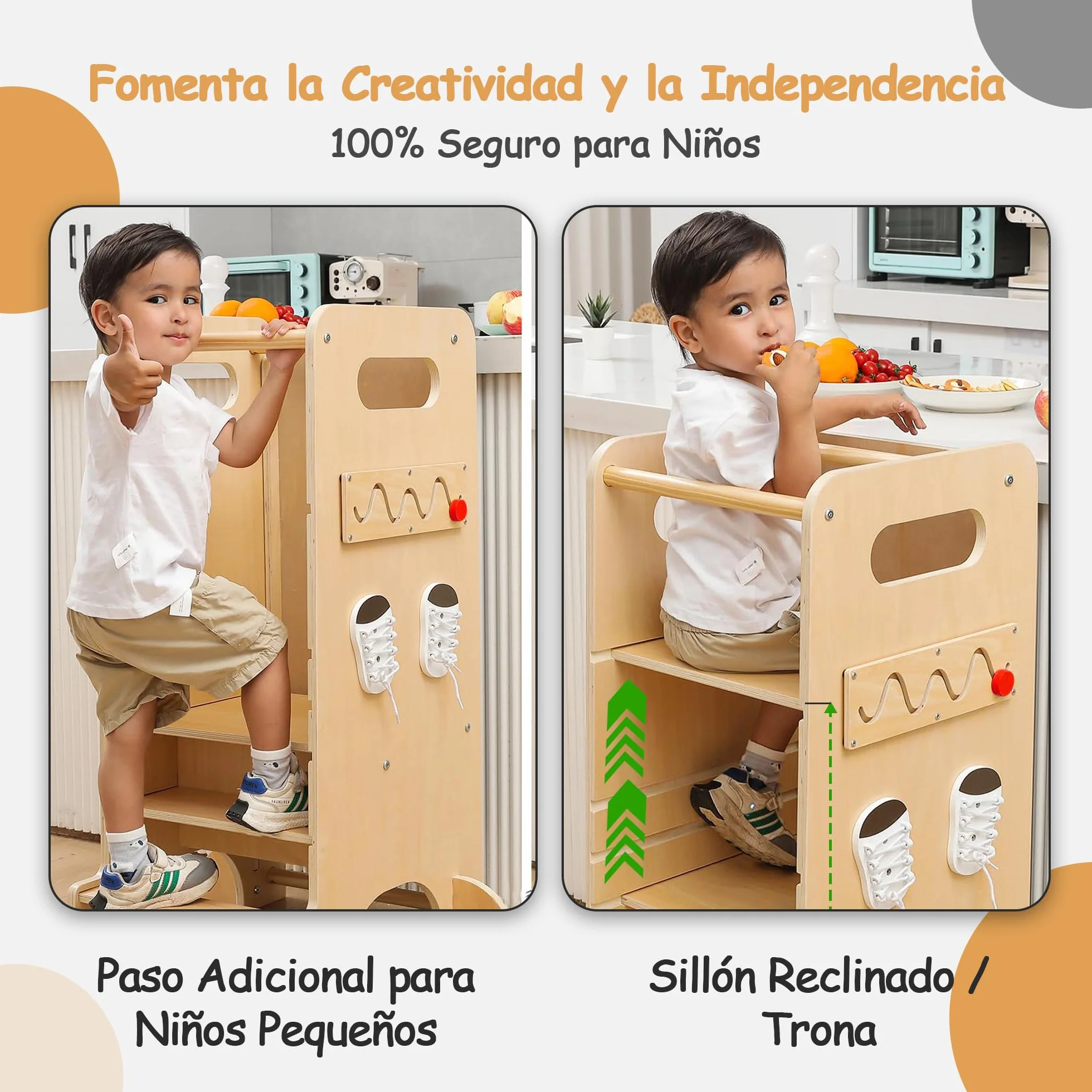 Olvy Kids Torre de Aprendizaje Montessori 4 en 1 - Taburete Escalón de Madera Plegable para Cocina