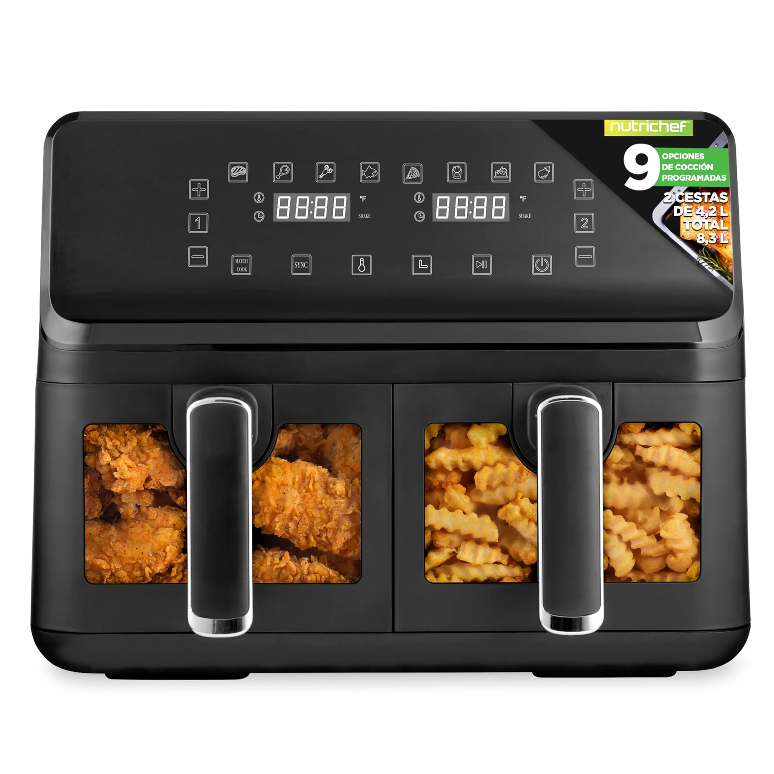 Nutrichef Freidora de Aire, 8.3L, Doble Canasta, Capacidad de 4.1L por Cesta, 9 Modos de Coccion Preestablecidos, Tamaño Familiar