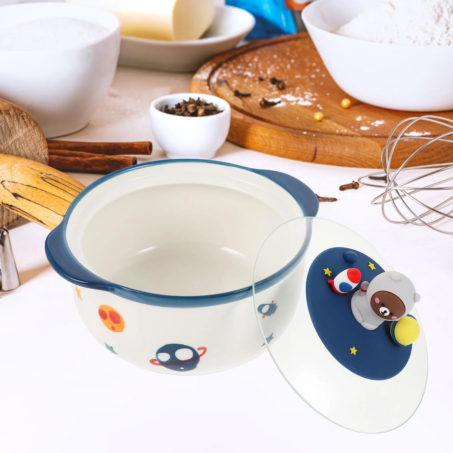 Tofficu Tazón de Cerámica Tapa Temática Espacial de 800ml, Fácil de Limpiar, Adecuado para Sopa y Fideos en Uso Doméstico Posar
