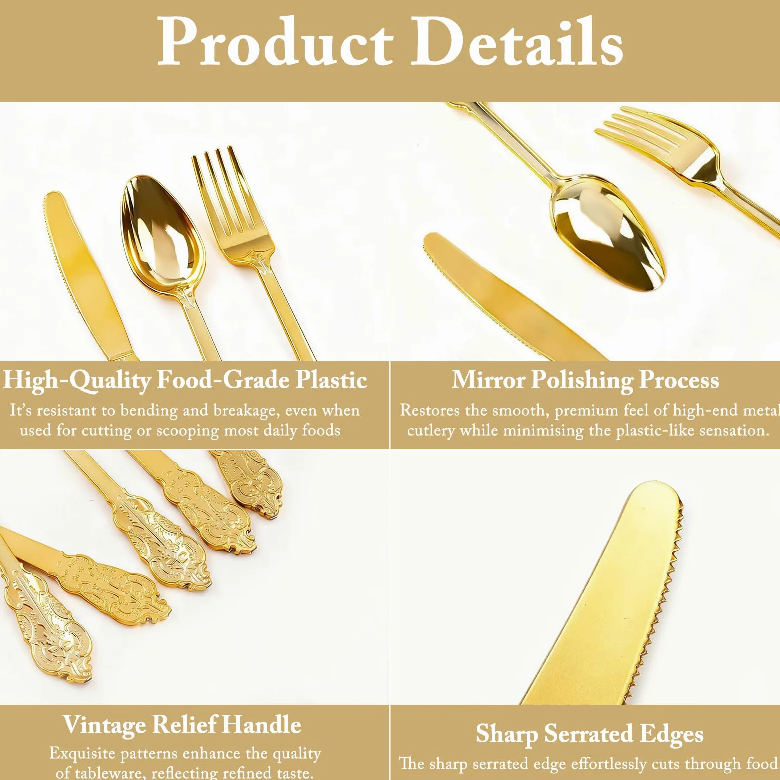 Juego de cubiertos de plástico dorado vintage de 180 piezas, 60 cuchillos, tenedores y cucharas | Lavable, reutilizable, resistente. Cubiertos pulidos. Duradero y elegante para bodas, fiestas de cumpleaños, eventos