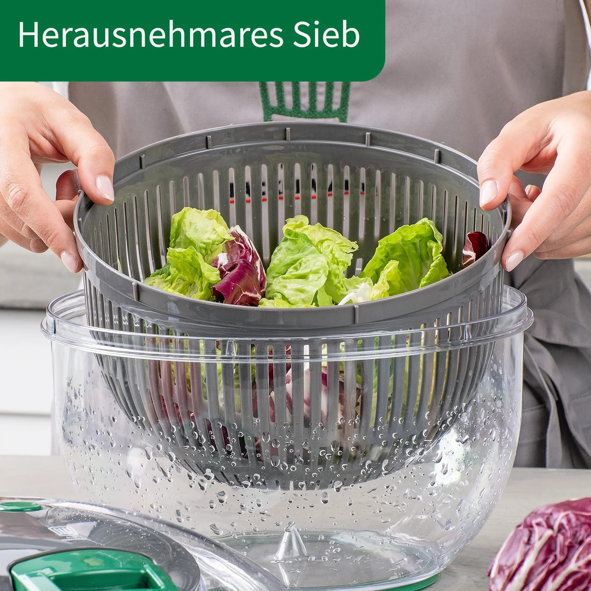FACKELMANN Centrifugador de ensalada con cuerda y botón de parada, para lavar, secar y servir ensalada sin esfuerzo, incluye práctico cable y colador extraíble