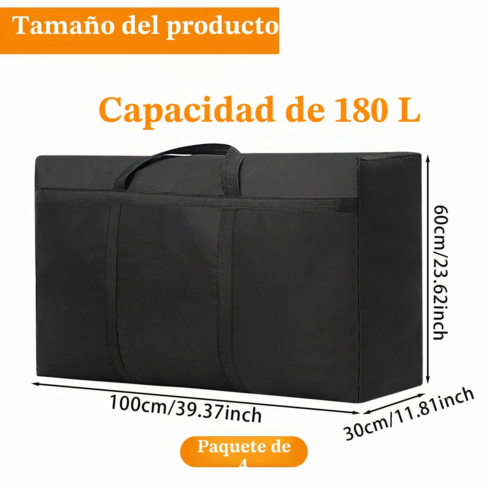 KOMABLEN 4 Piezas 180L Bolsas Almacenaje Ropa, 600D Oxford Impermeable Cajas para Guardar Ropa con Cremallera y Asa, Negro Plegable Bolsas Mudanza Grandes para Edredones, Mantas