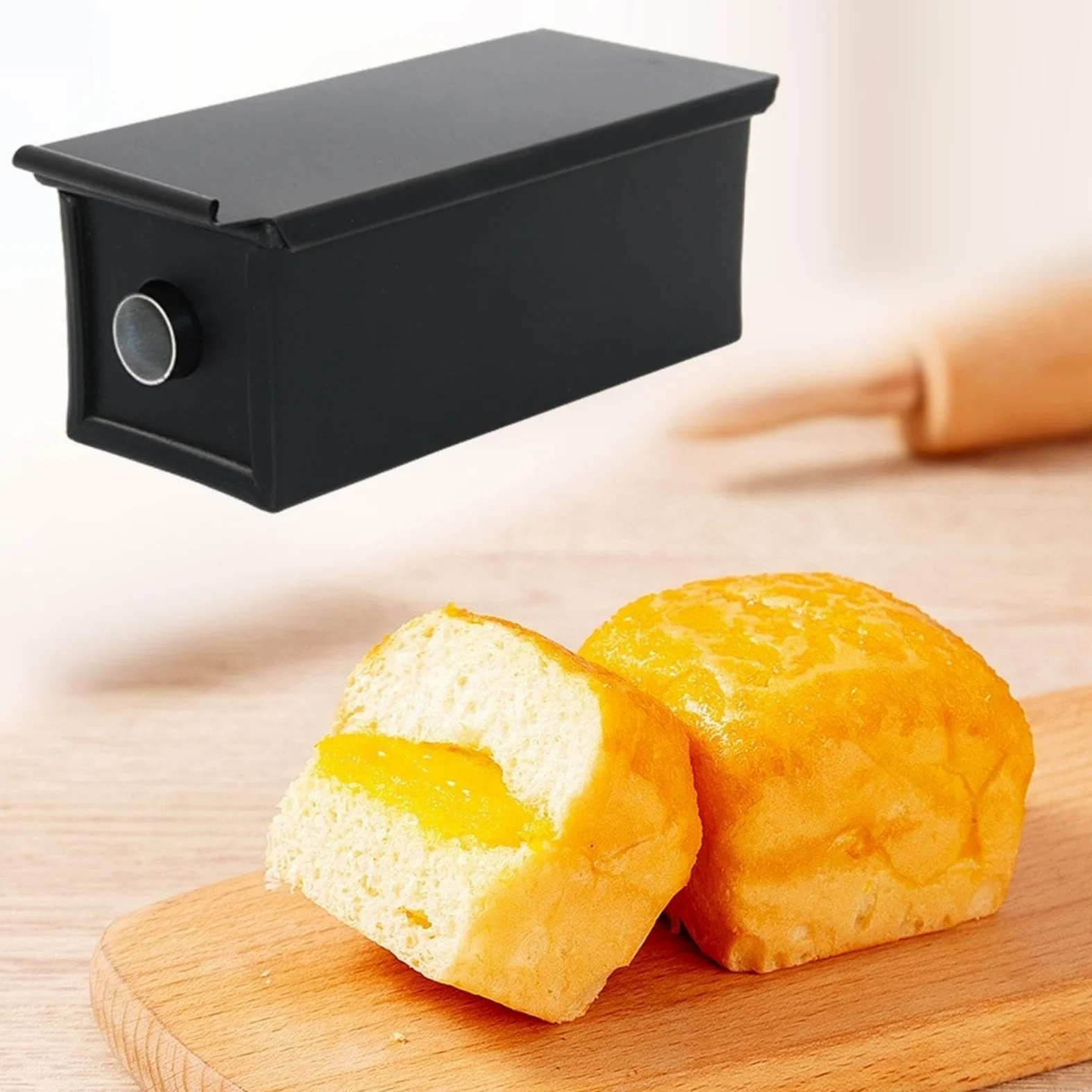 Caja De Pan Panera para Pan Sartén Rectangular para Tostar, Utensilios De Cocina para Hornear, Sartén para Tostar Pan con Tubo Central Y Tapa para Cocina Caja Contenedor De Pan(Black)
