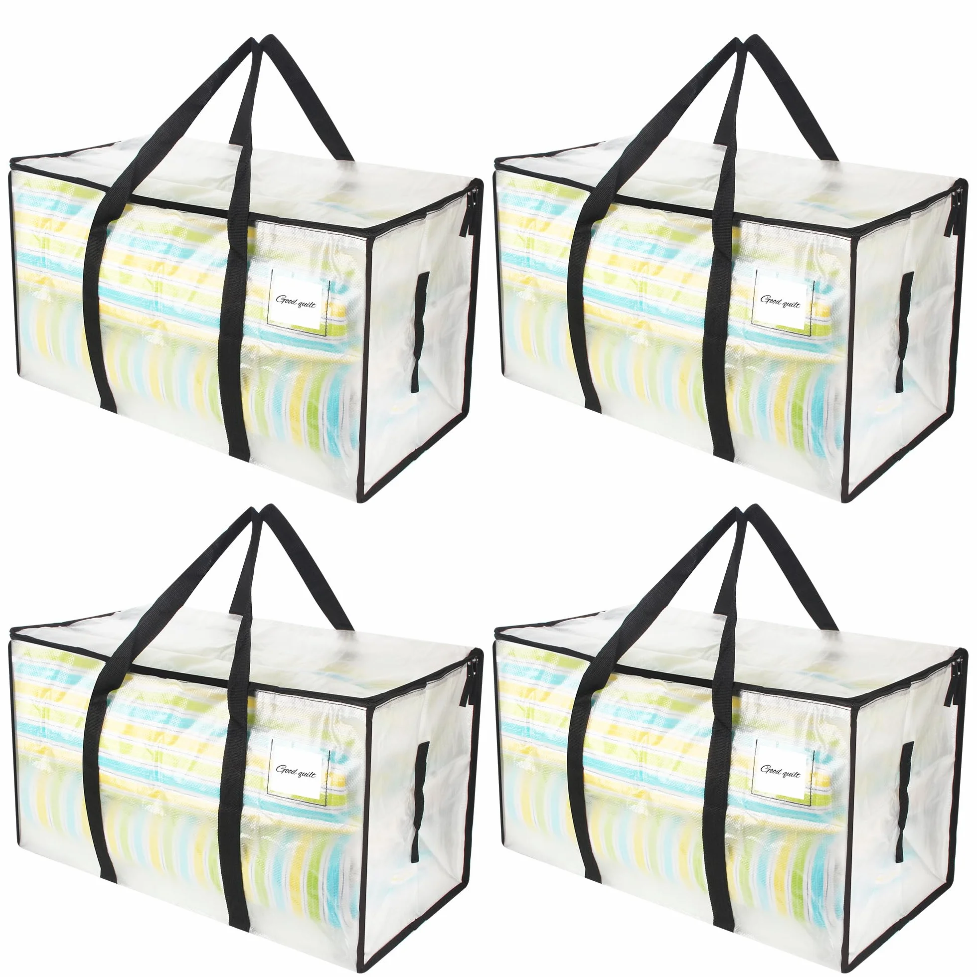 Pack de 4 Bolsas de Mudanza,90L Bolsas de Almacenamiento, Bolsas Mudanza Ropa, Transparente Almacenamiento de Ropa Grande, Bolsa de Viaje con Bolsillo para Etiqueta, Bolsa de Mudanza con Asa para Gua