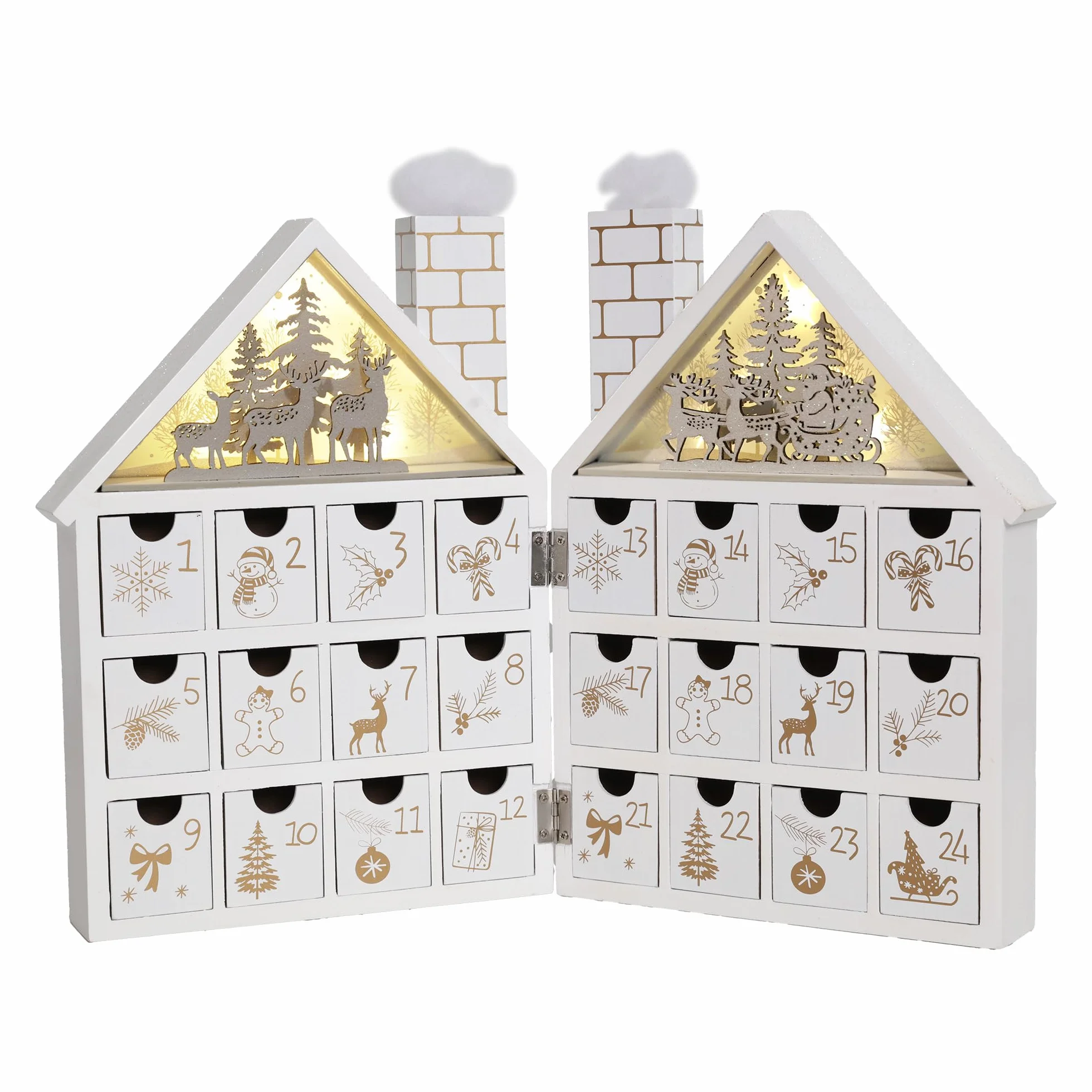 PE Calendario de Adviento de Navidad de madera con 24 cajones y luces LED para calendarios de cuenta regresiva para decoración de Navidad 2025, caja de dulces (bosque blanco y renos)