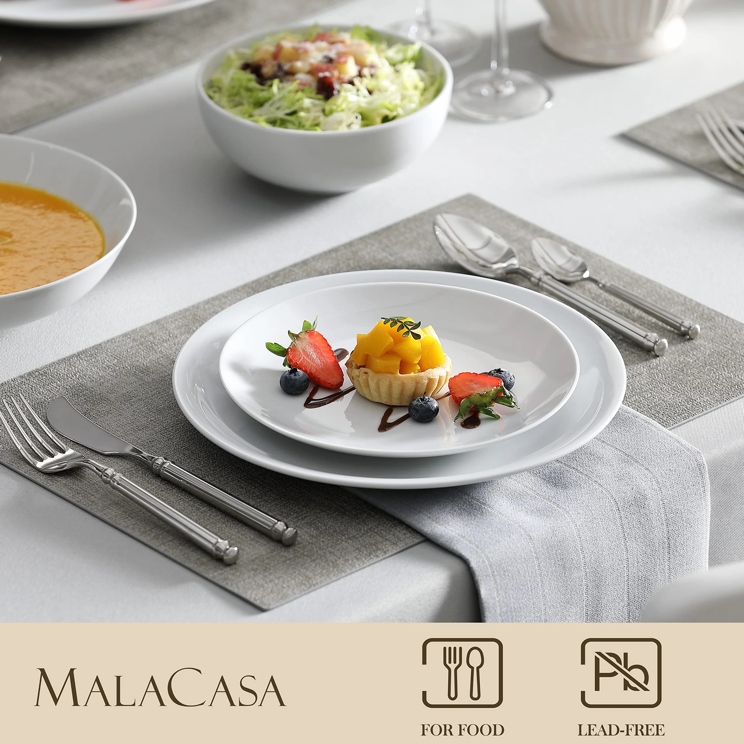 MALACASA AMELIA Vajillas Completas 6 Personas, 24 Piezas – Juego de Porcelana Gourmet Moderna con 6 Platos Llanos, 6 Platos de Postre, 6 Cuencos y 6 Platos Hondos, Apto para Microondas y Lavavajillas