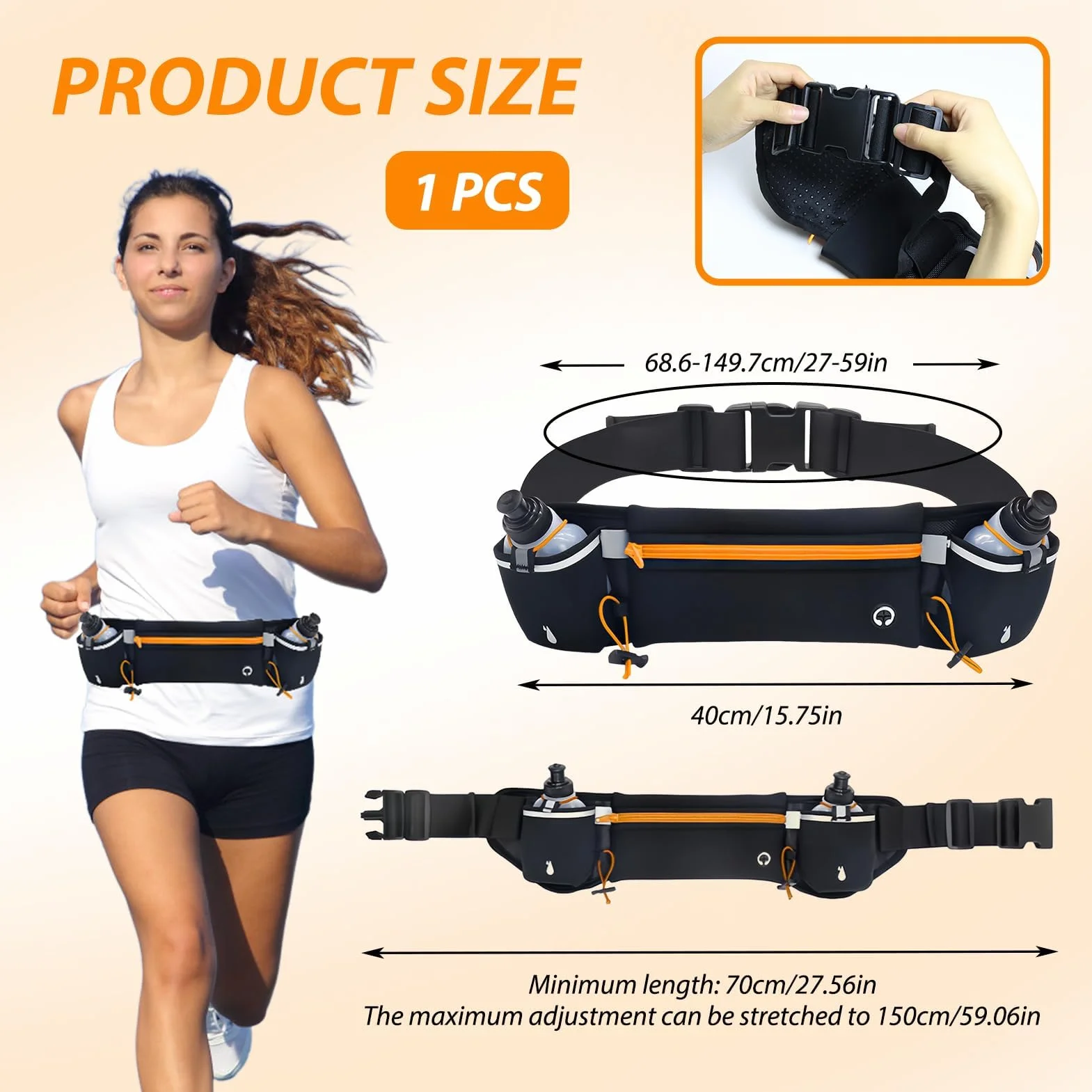 Cinturón para Correr con Botellas de Agua 2x180ML Riñonera de Hidratación Ajustable Impermeable Negro Naranja