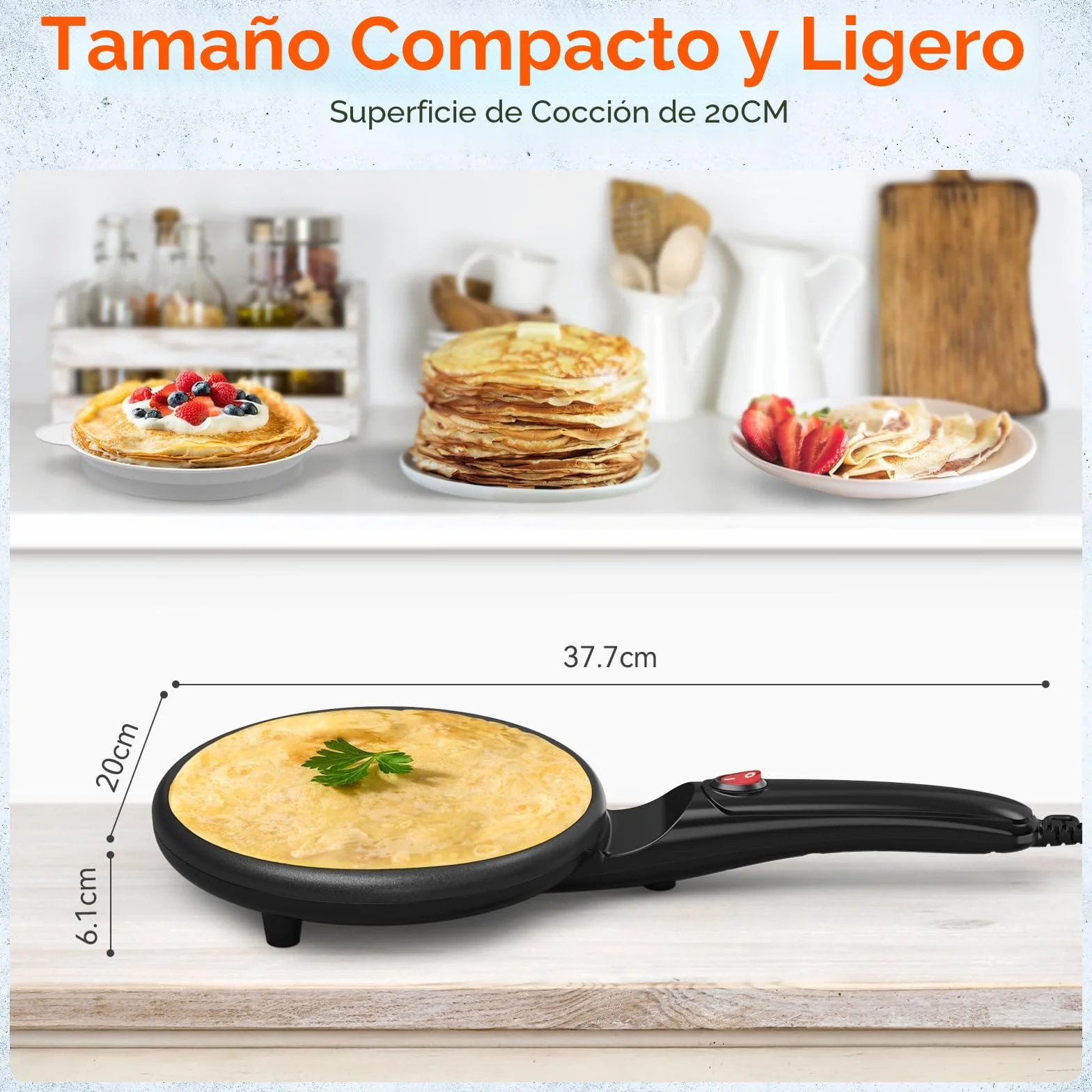 SNAILAR Crepera, 800W Crepera Electrica con Mango, Revestimiento Antiadherente, Superficie Calentada de 20 cm de Diámetro, Incluye Cuenco de Comida, Fácil de Manejar y de Limpiar