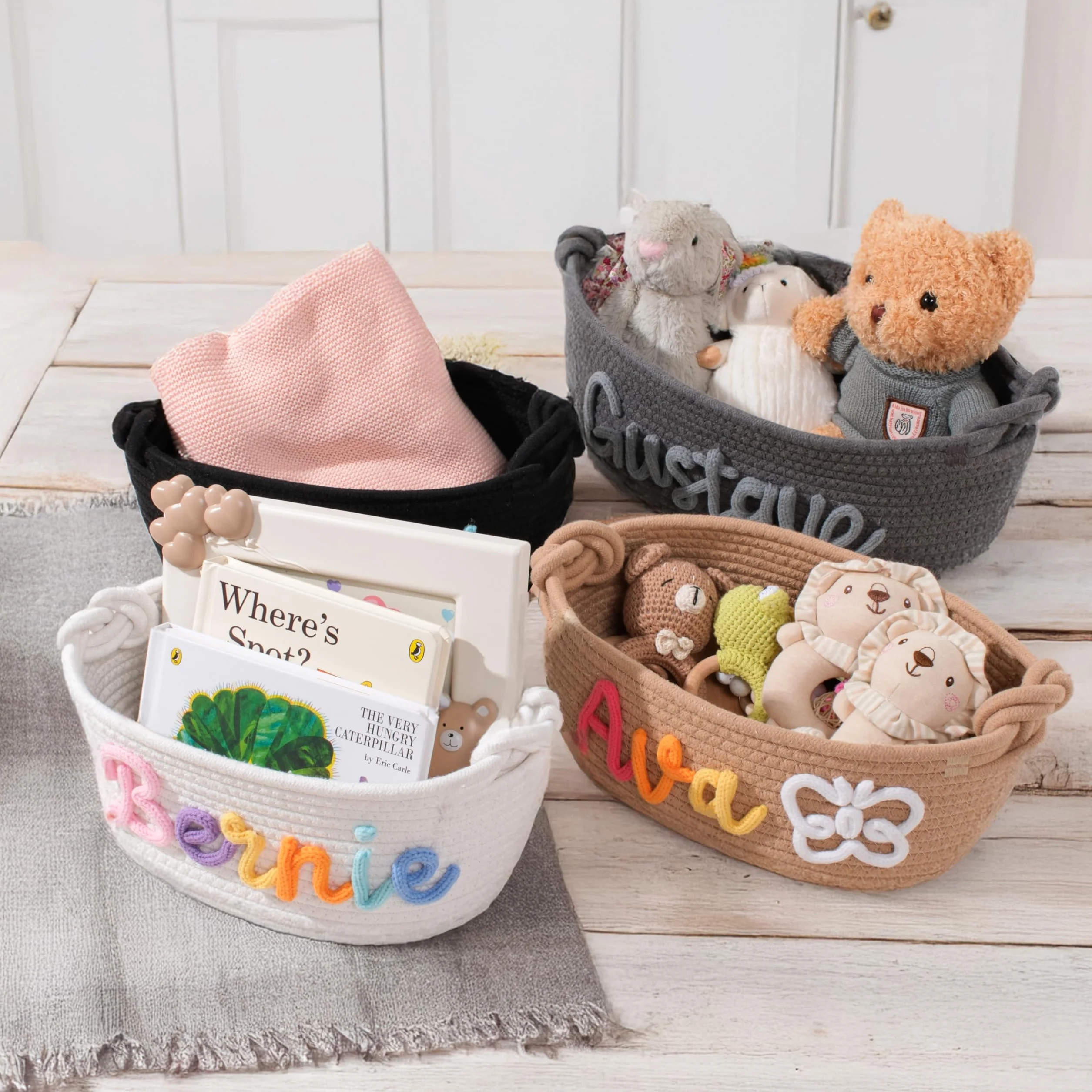 Personalizada Canasta de Bebé Hecha a Mano con Nombre Bordado, Cesta de Ratán Natural para Recién Nacido, Regalo de Baby Shower