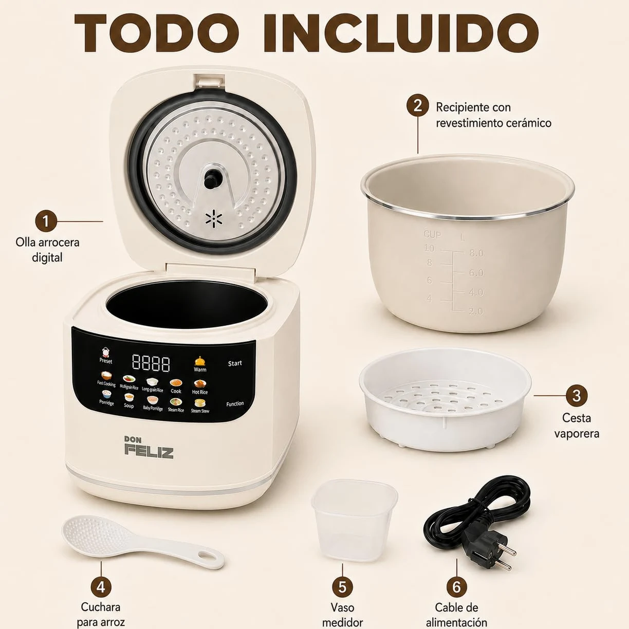 Don Feliz Arrocera Eléctrica 2 L para 1-4 Personas, Olla Arrocera Digital con 10 Programas, Cesta Vaporera, Temporizador 24 h, Mantener Caliente y Recipiente Antiadherente