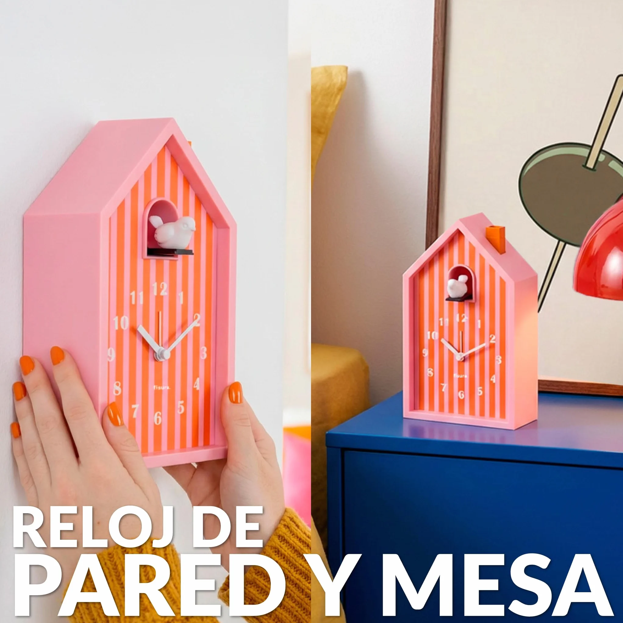 Fisura – Despertador Cuco casita “Rayas” Naranja y Rosa. Despertador analógico Original con Agujas. Botón de Snooze y luz. Regalo Original. 3 Pilas AA (no Incluidas)
