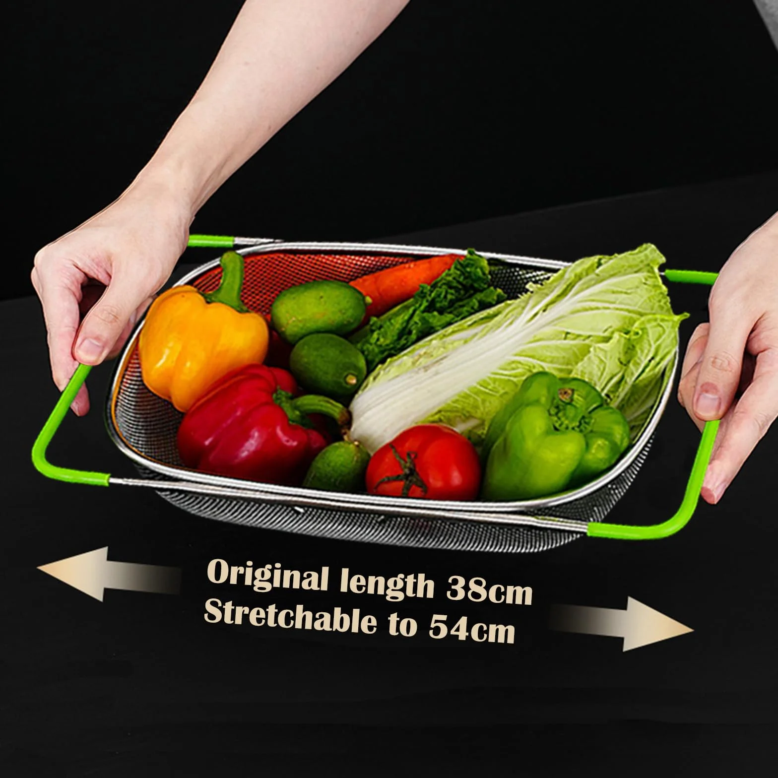 Colador Extensible Sobre el Fregadero(38-54cm), Cesta de Drenaje de Malla Fina de Acero Inoxidable para Cocina, Drenaje de Pasta, Lavado de Verduras, Arroz, Frutas y Almacenamiento de Platos-Verde