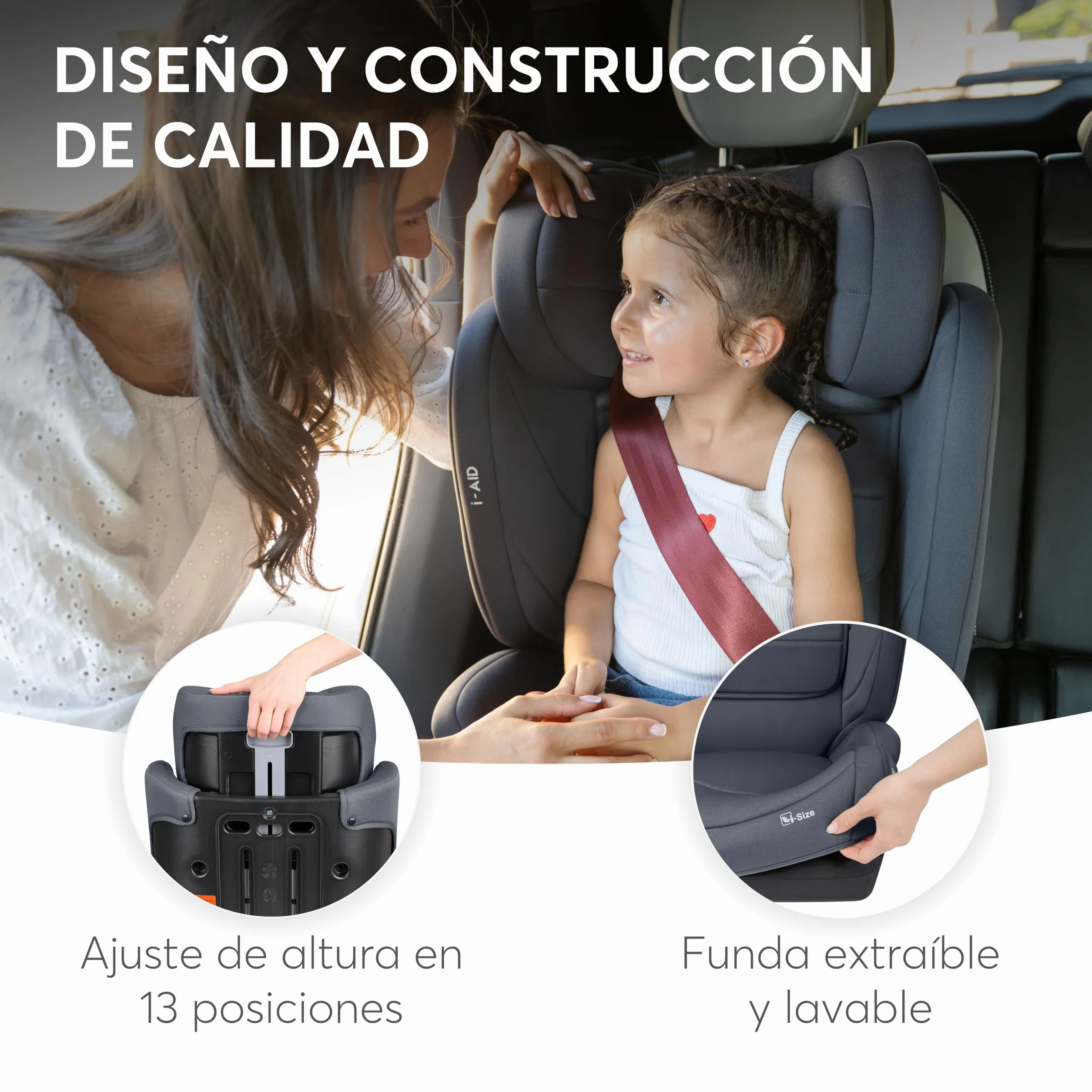 KikkaBoo Silla Coche Grupo 3 (15-36 kg, 100-150 cm) i-AID, Silla Para Niño sin ISOFIX, i-Size, De 3,5 a 12 Años, 13 Posiciones Reposacabezas, Gris